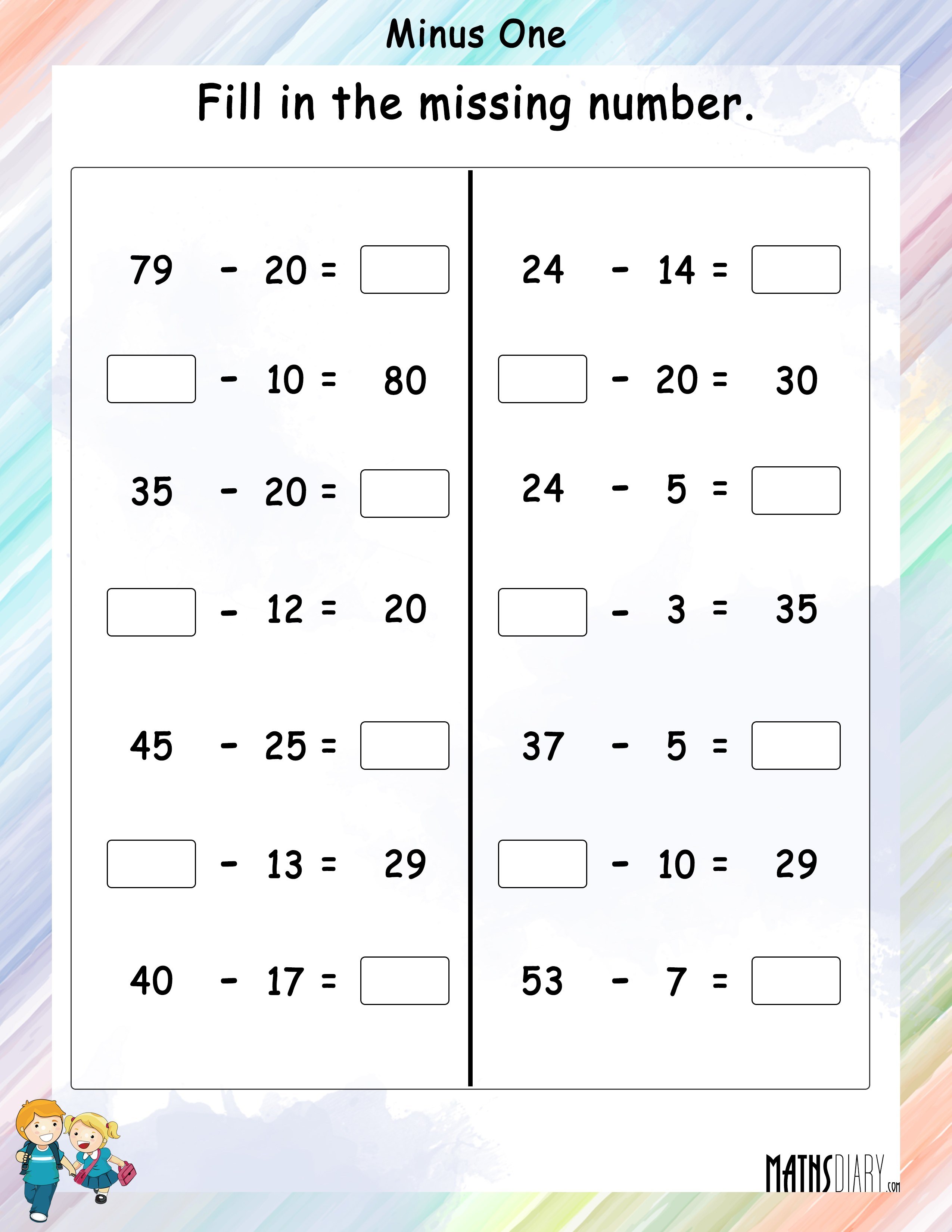 Subtracting one / Minus one - Math Worksheets - MathsDiary.com