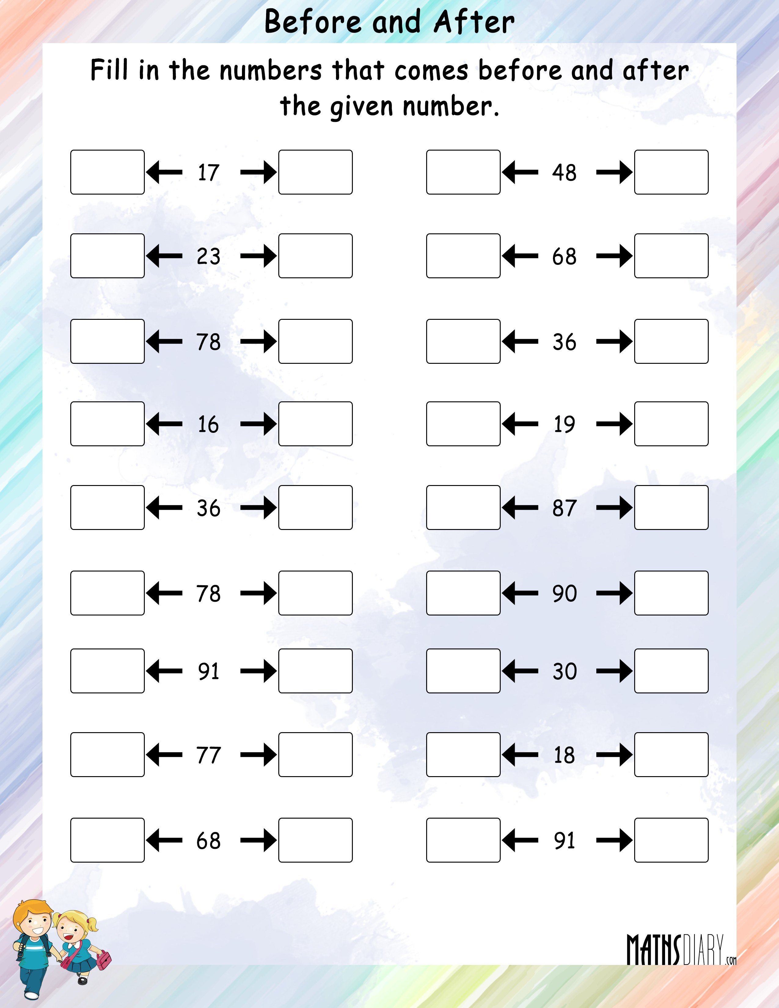 Numbers Before After And Between Free Printable Worksheets Numbers Before After Between 0 100 