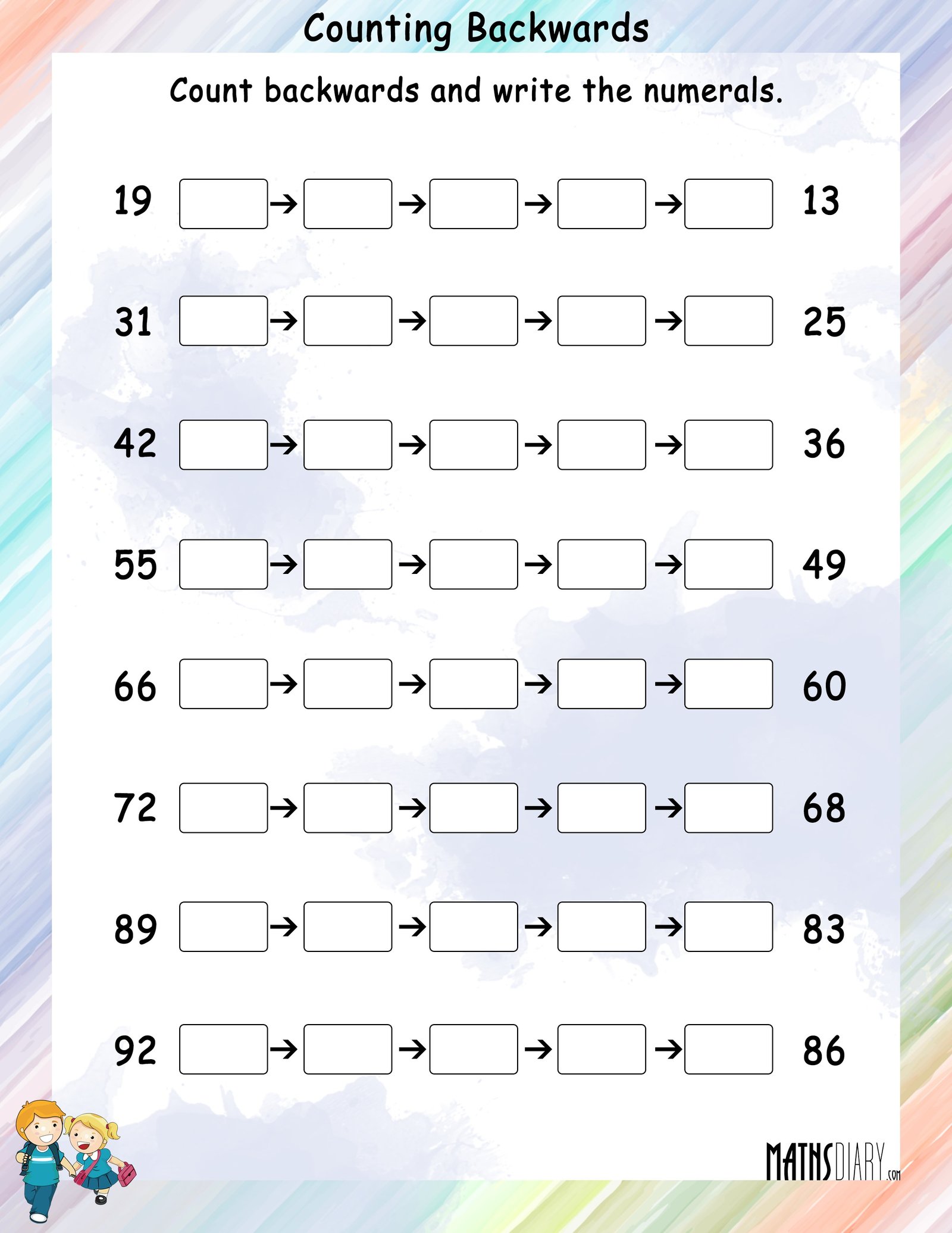 Backward Counting - Math Worksheets - MathsDiary.com