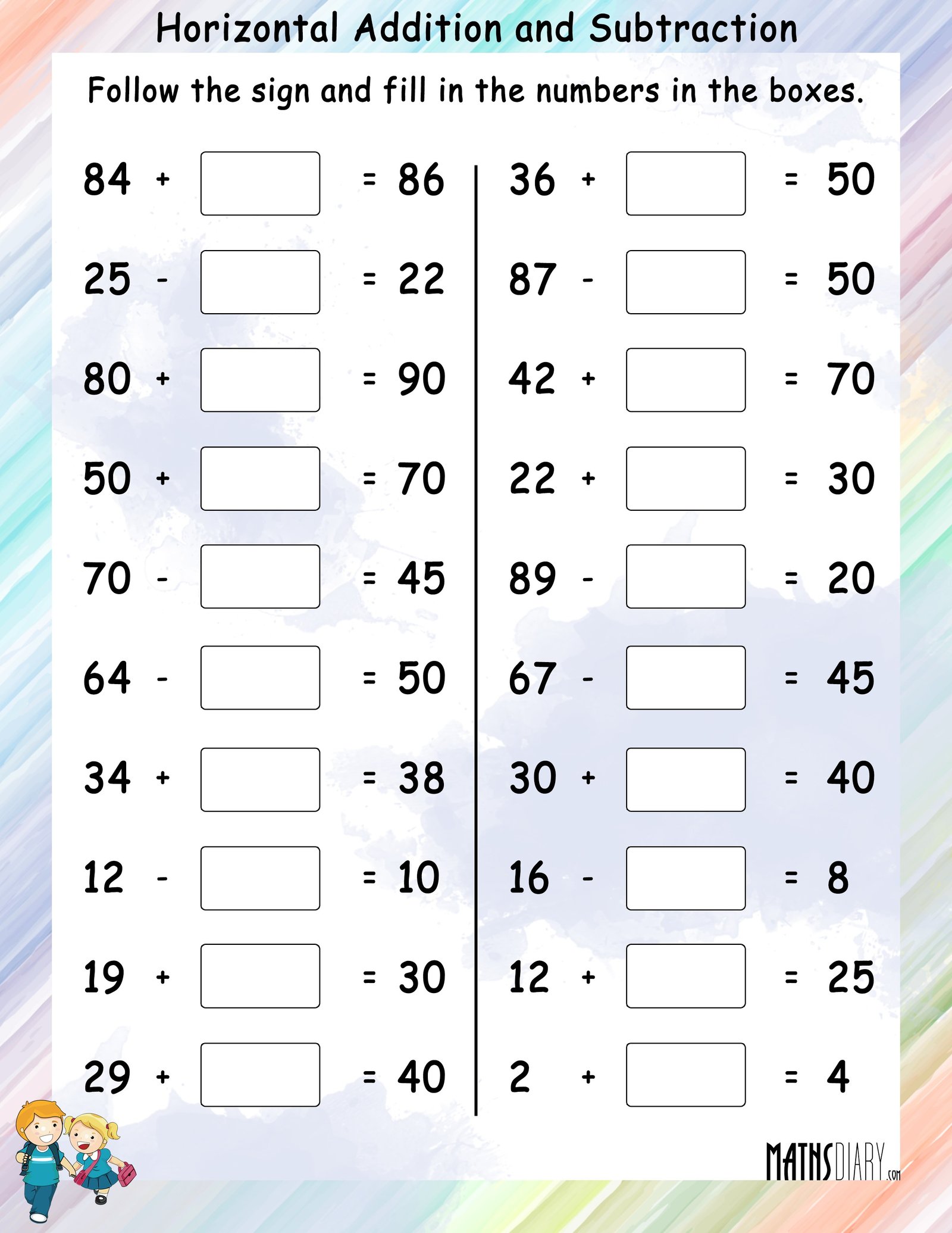 Horizontal addition subtraction worksheet 8