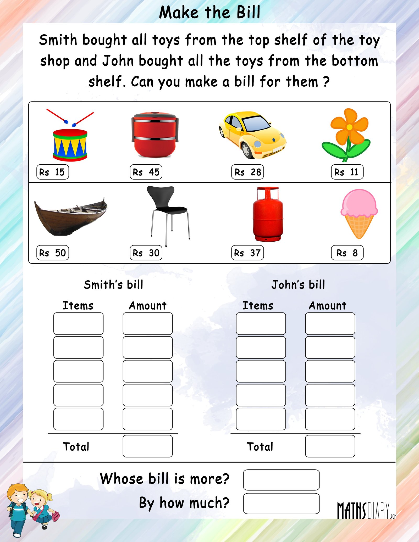 Make a bill - Math Worksheets - MathsDiary.com