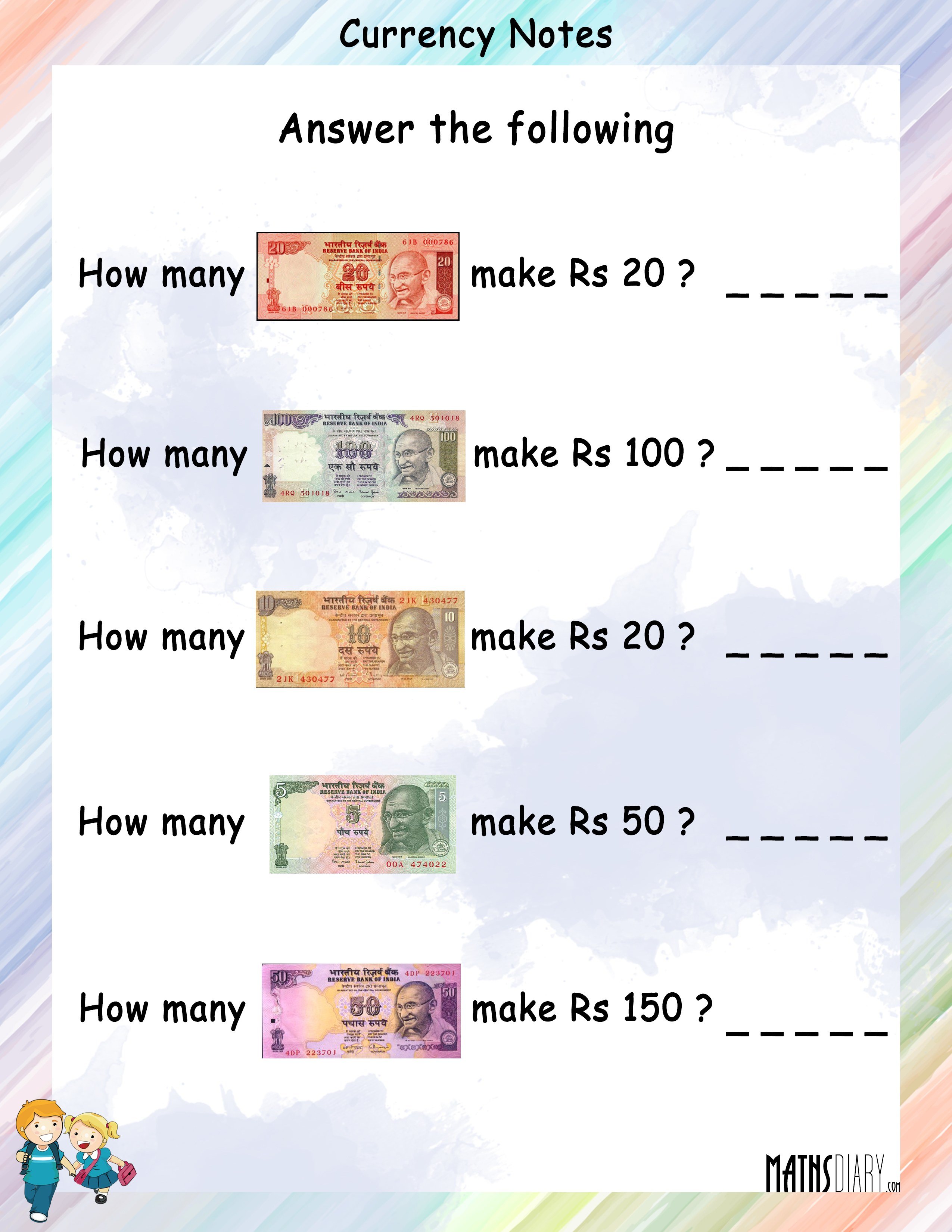 currency notes math worksheets mathsdiary com