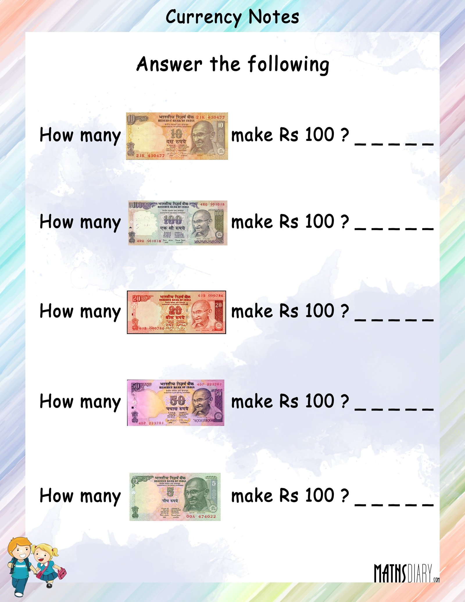Currency Notes Math Worksheets MathsDiary