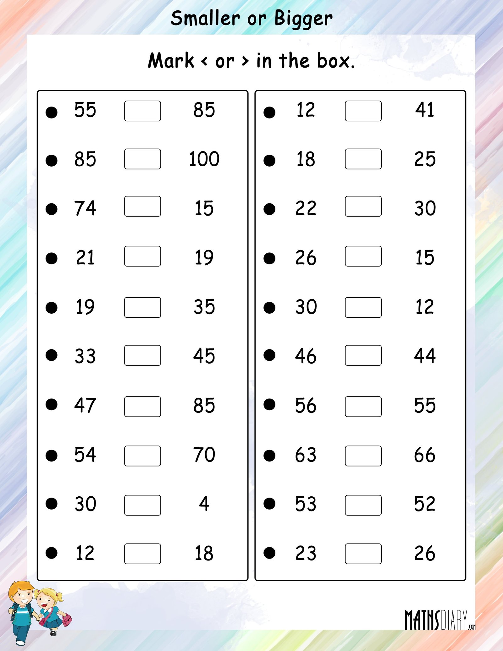 smaller or bigger number math worksheets mathsdiary com