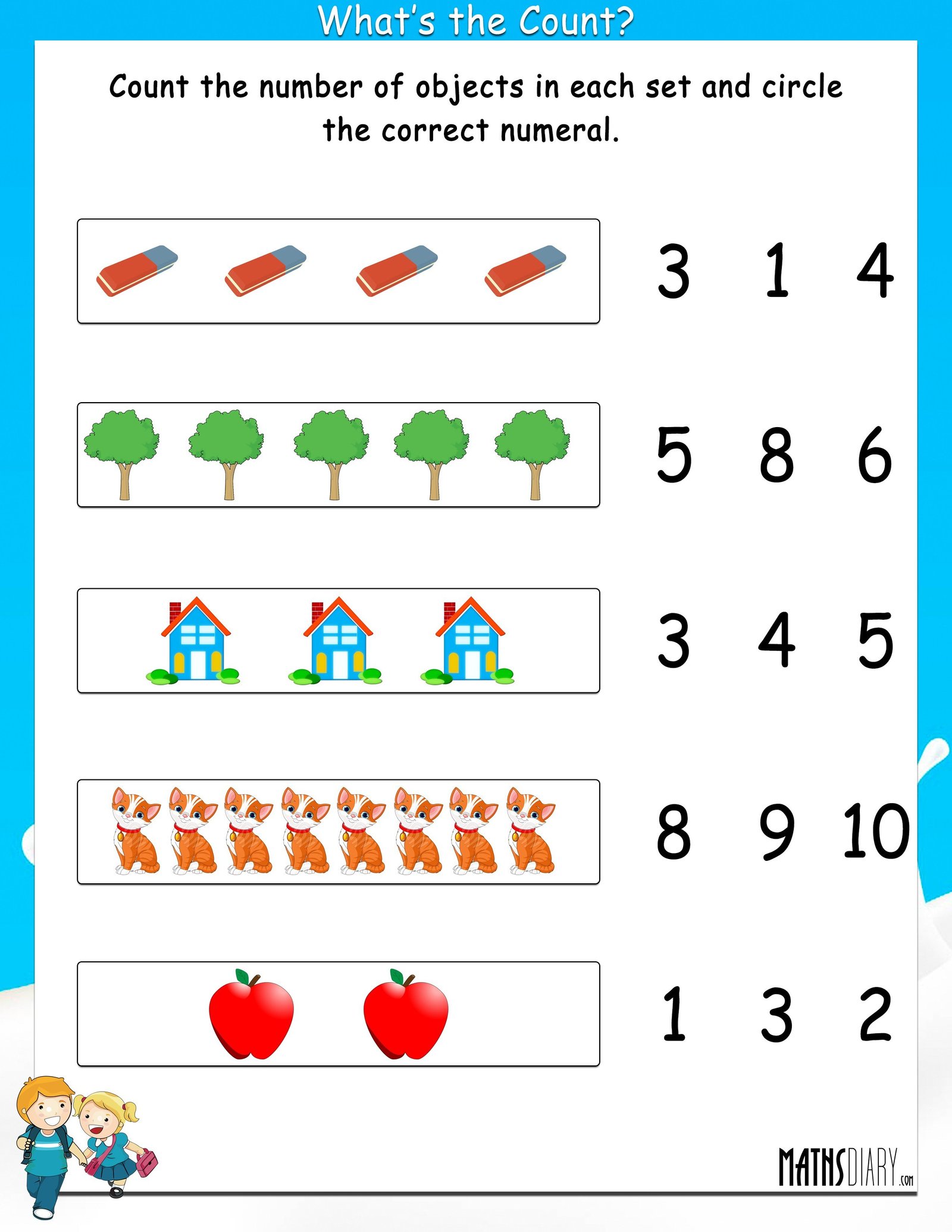 Count The Objects And Circle The Correct Numeral - Math Worksheets FA4