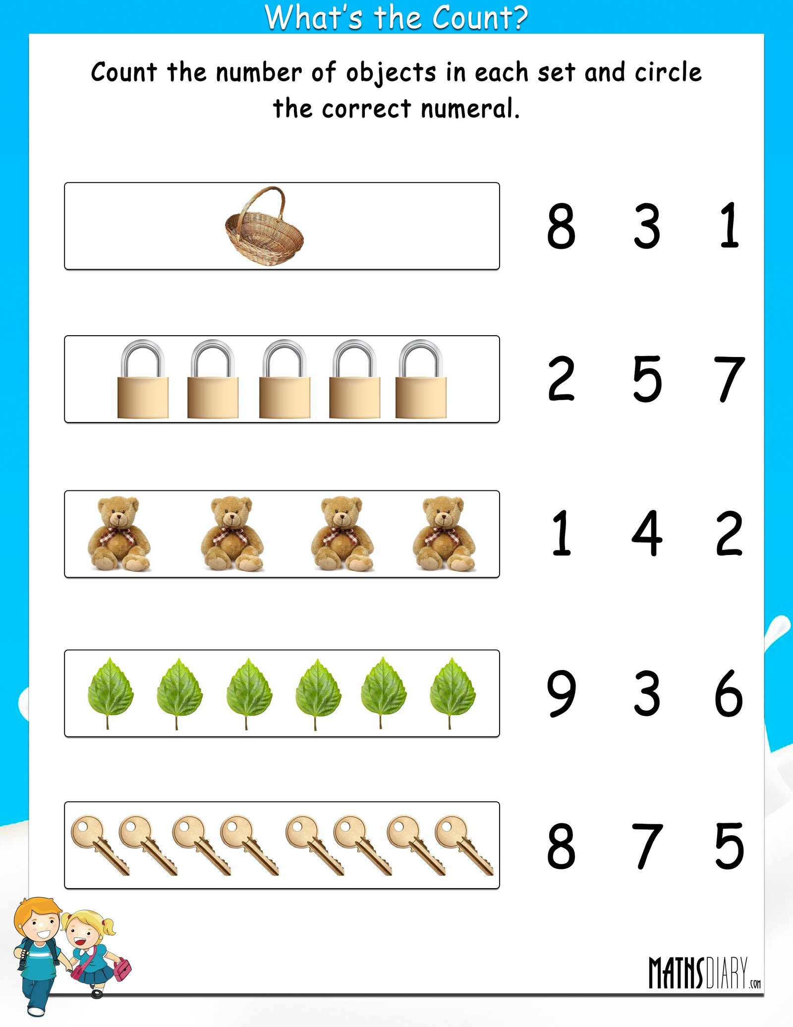 Count The Objects And Circle The Correct Numeral Math Worksheets