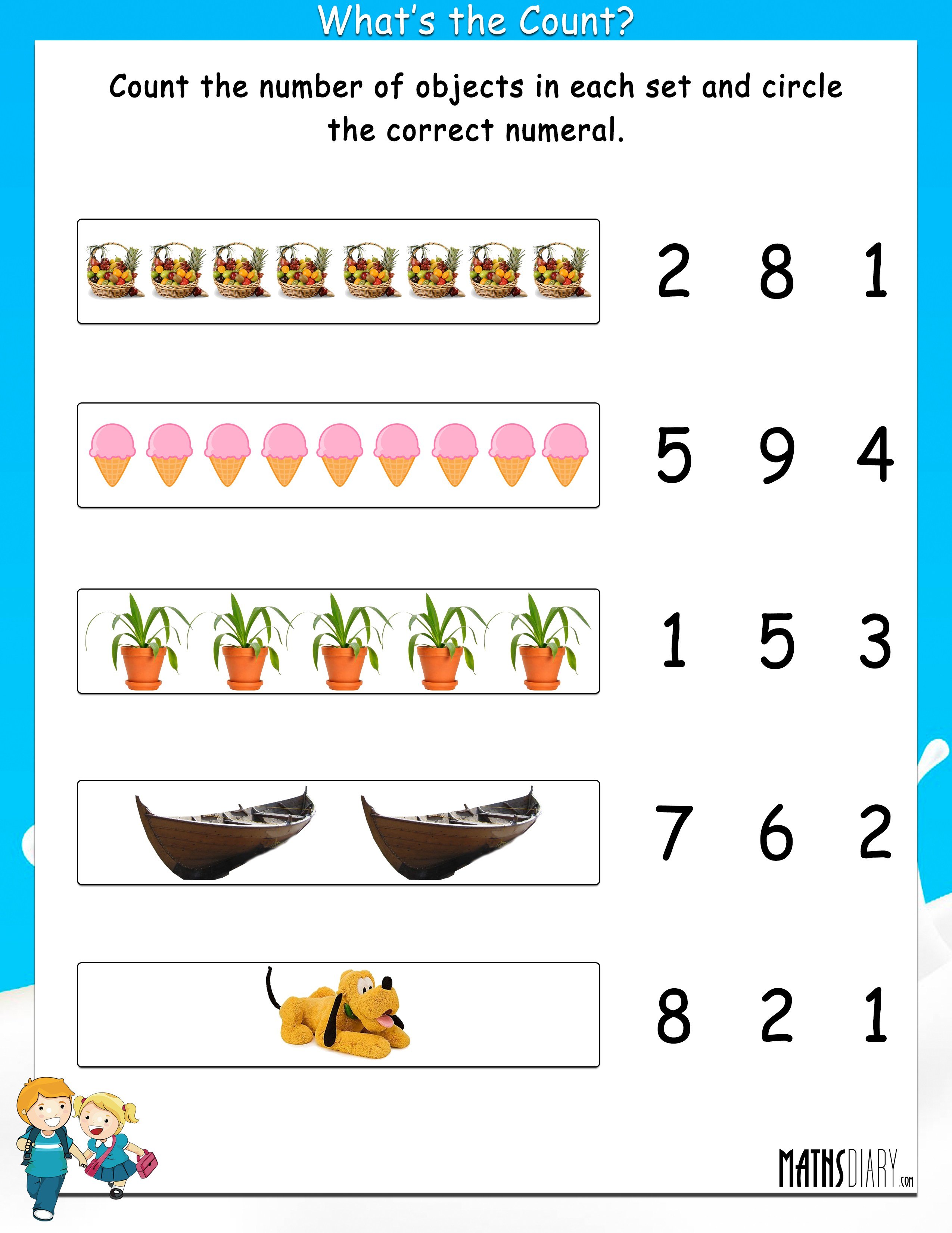 Count the objects and circle the correct numeral - Math Worksheets ...