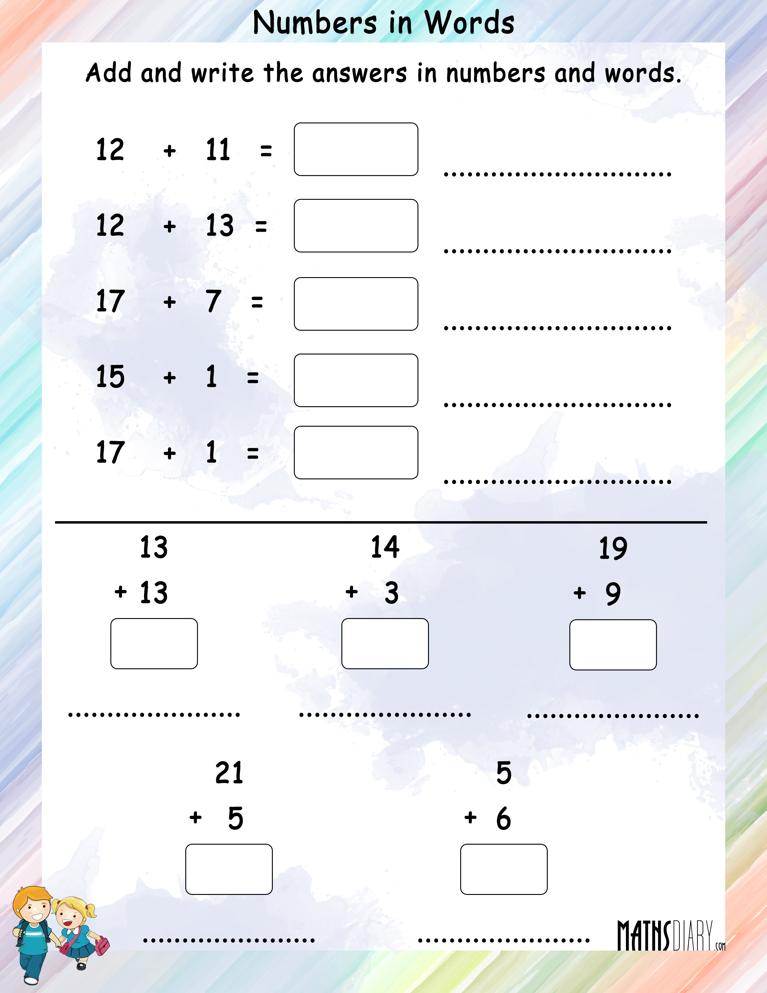 Add and write answer in number names - Math Worksheets - MathsDiary.com