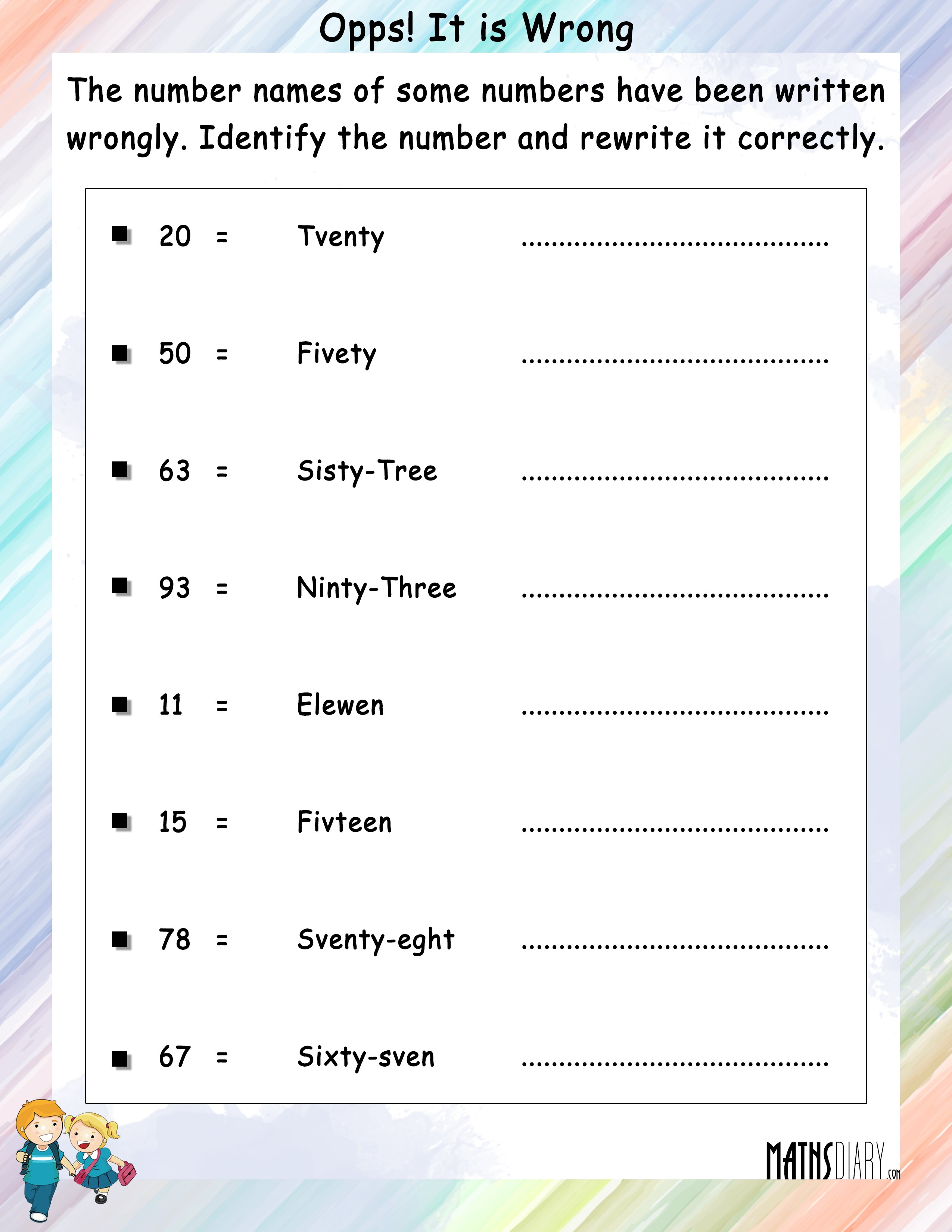 rewrite the incorrect number names math worksheets mathsdiary com