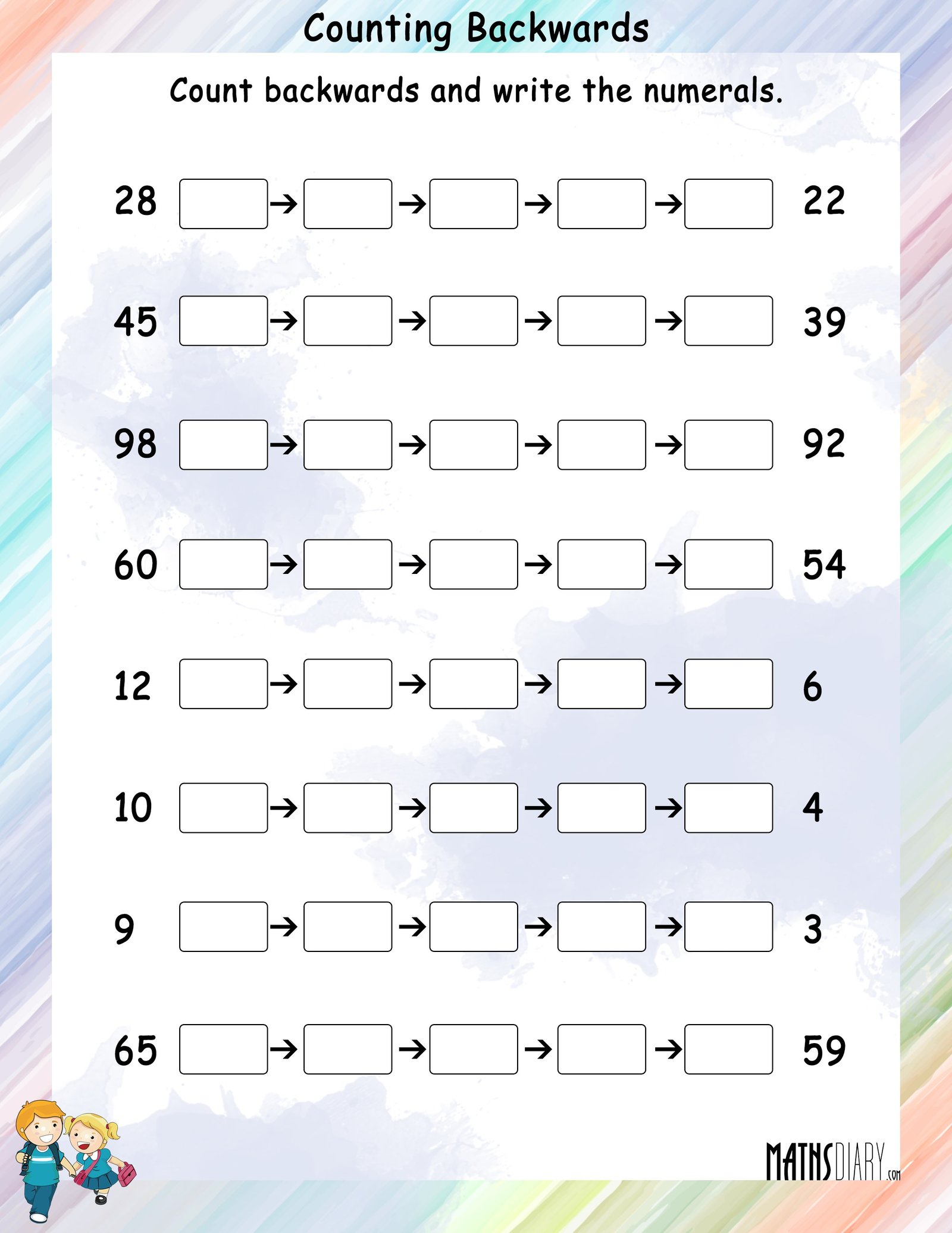 Backward Counting - Math Worksheets - MathsDiary.com