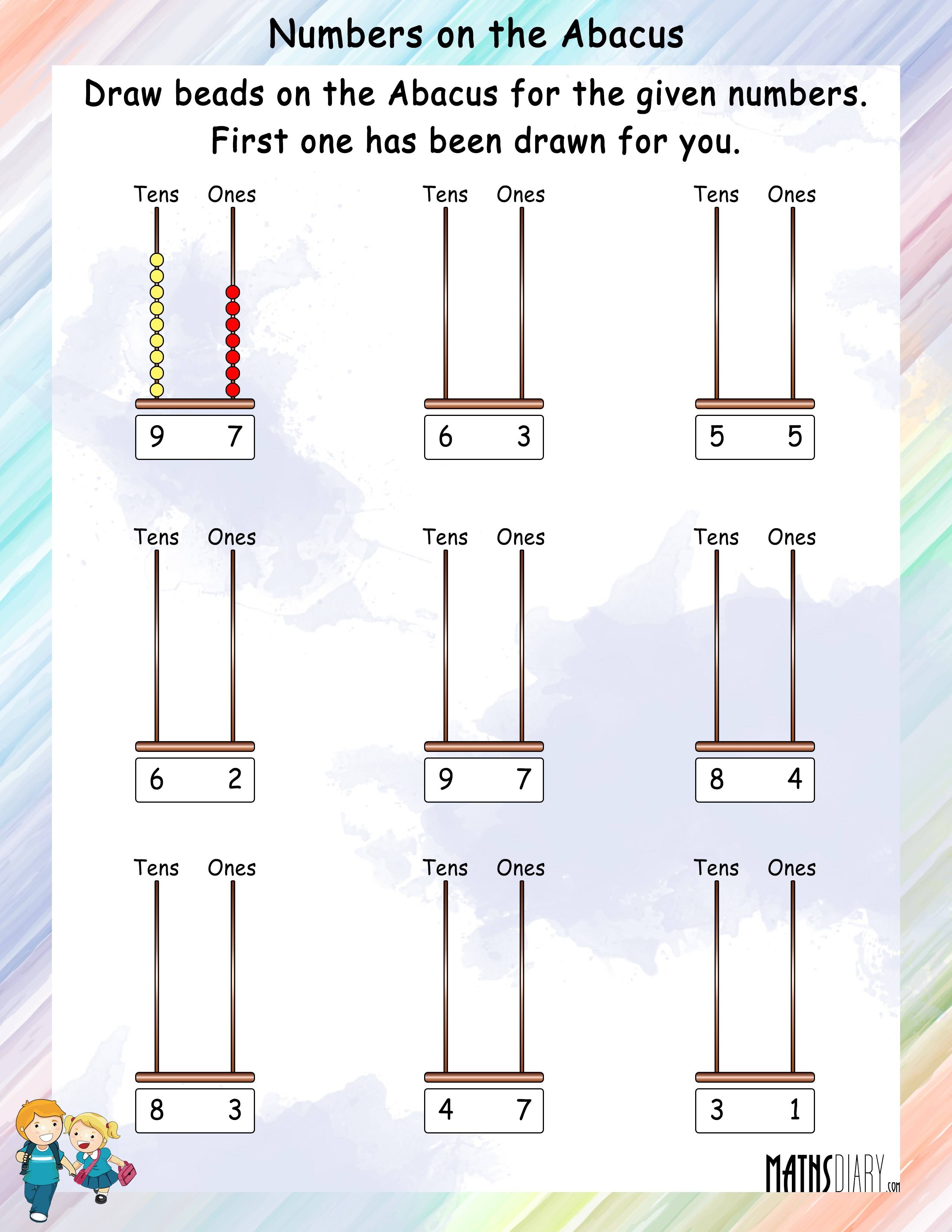 draw beads on the abacus for the given number math worksheets mathsdiary com
