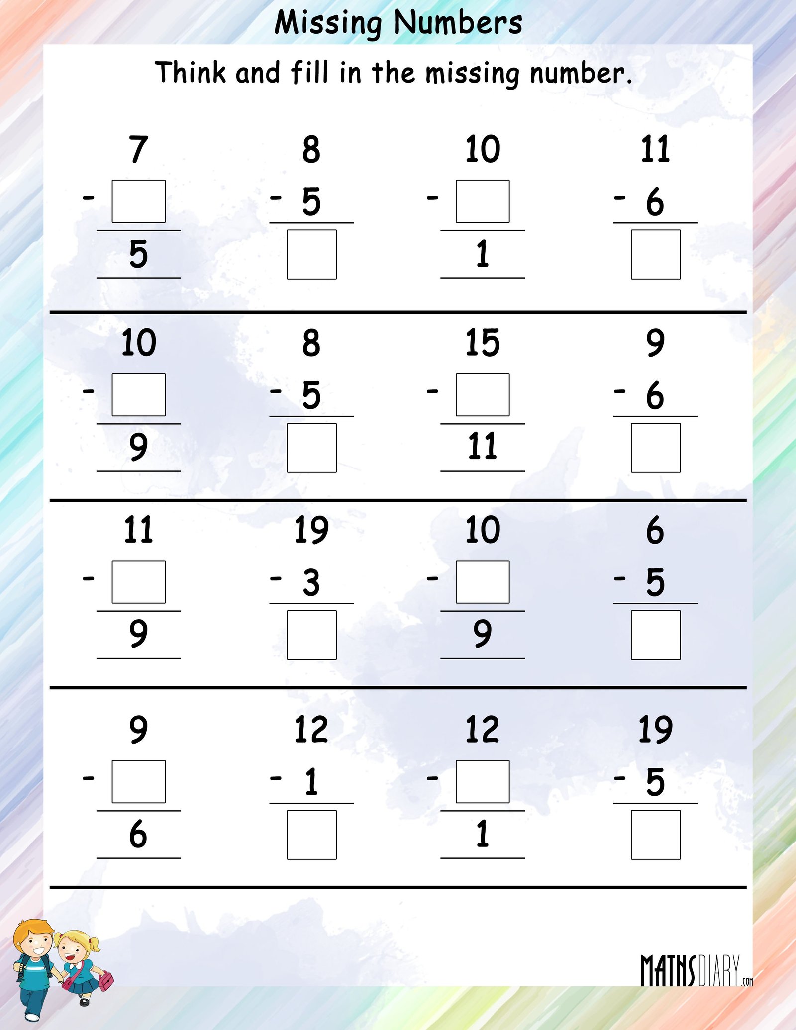 Fill the missing numbers - Math Worksheets - MathsDiary.com