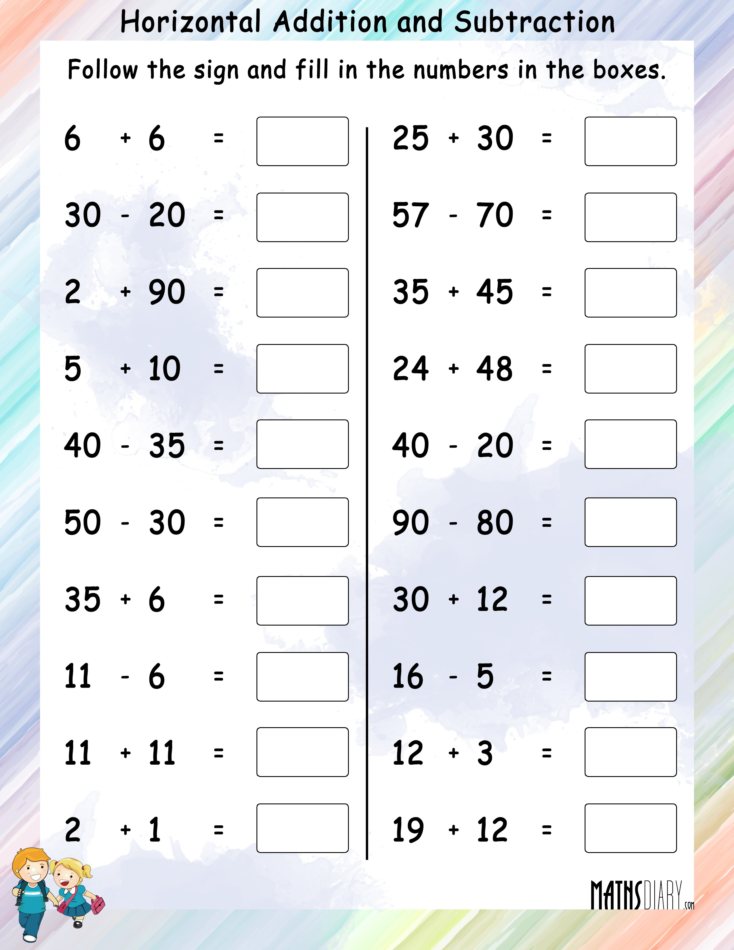 Horizontal Addition and Subtraction - Math Worksheets - MathsDiary.com