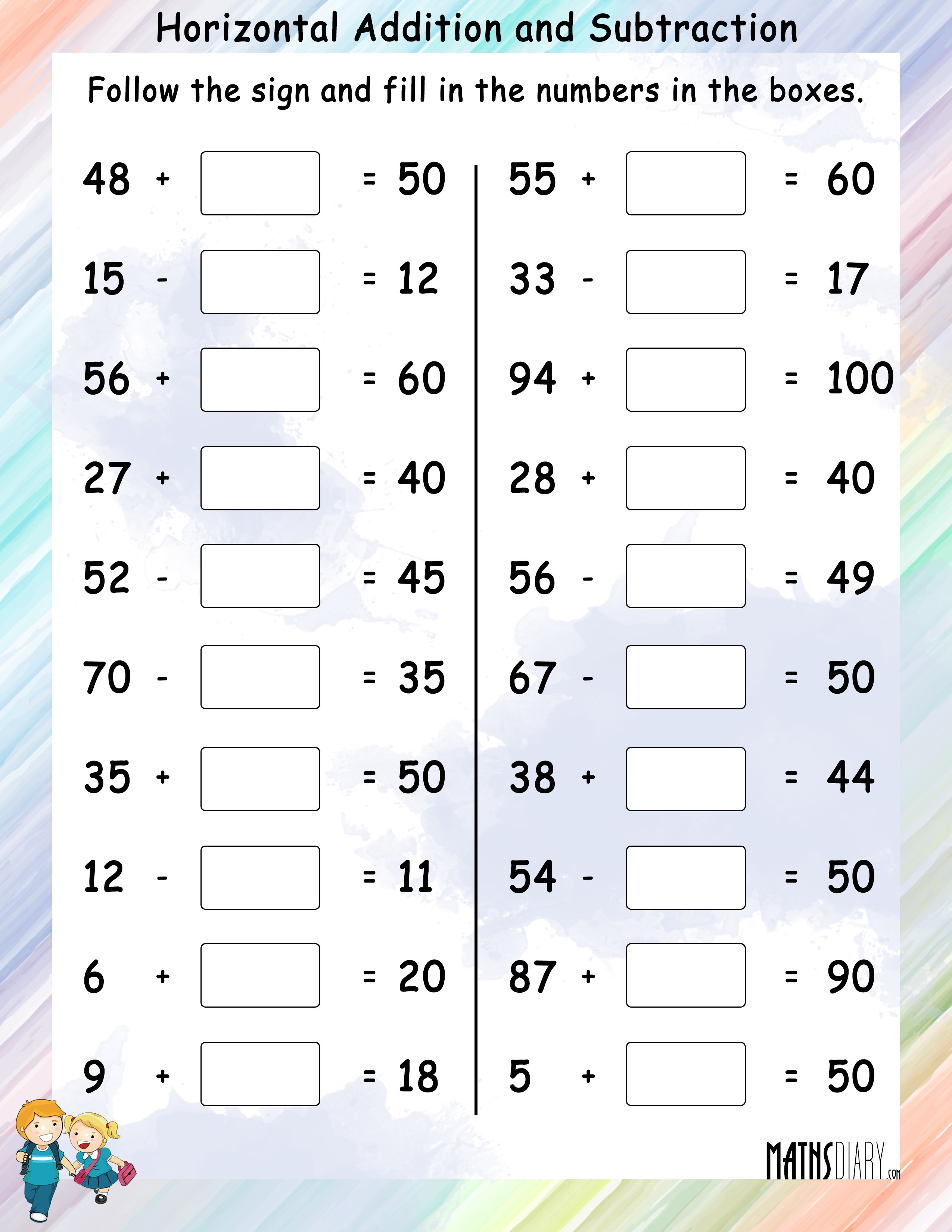 Horizontal Addition and Subtraction - Math Worksheets - MathsDiary.com