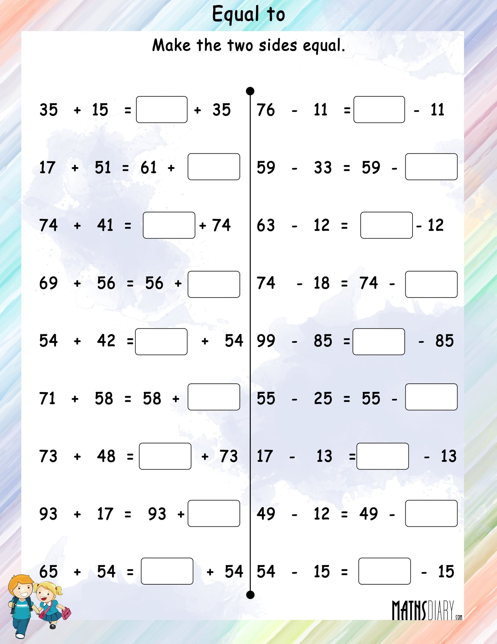 Make the two sides equal/Commutative property - Math Worksheets ...