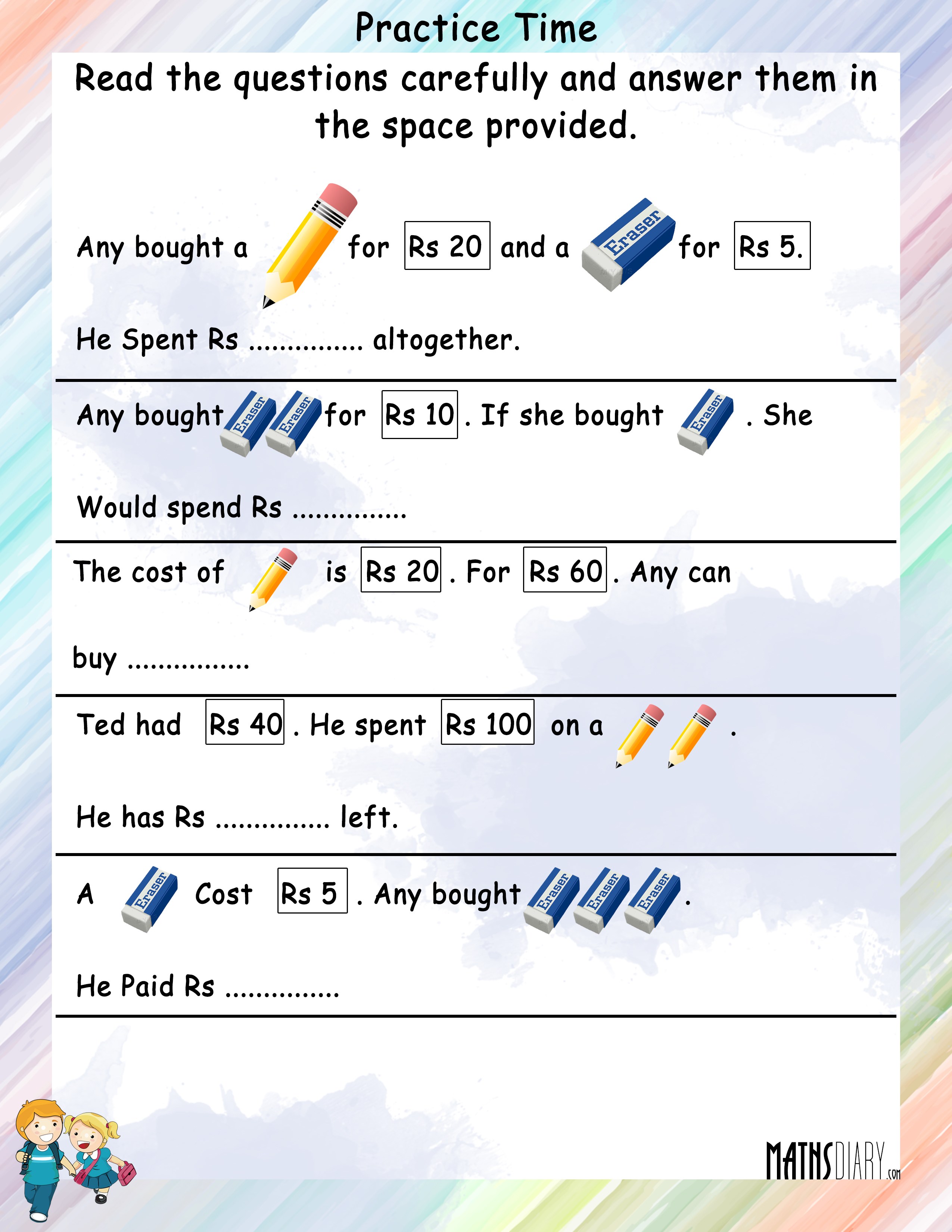 Grade 3 Math Worksheet Counting Money Shopping Problems K5 Learning Grade 2 Money Word Problem