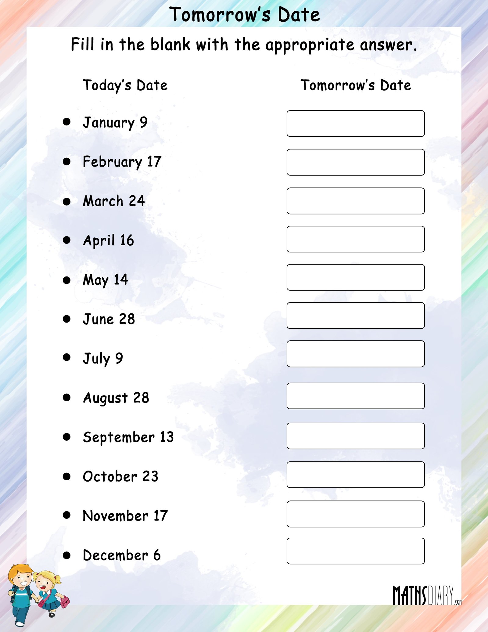 Tomorrow s Date Math Worksheets MathsDiary