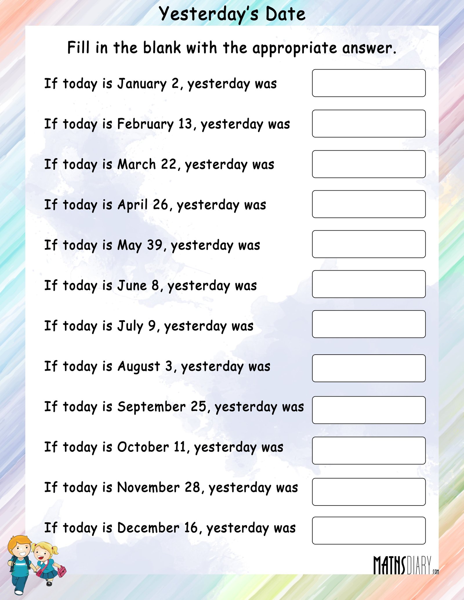 What Was Yesterday s Date Math Worksheets MathsDiary