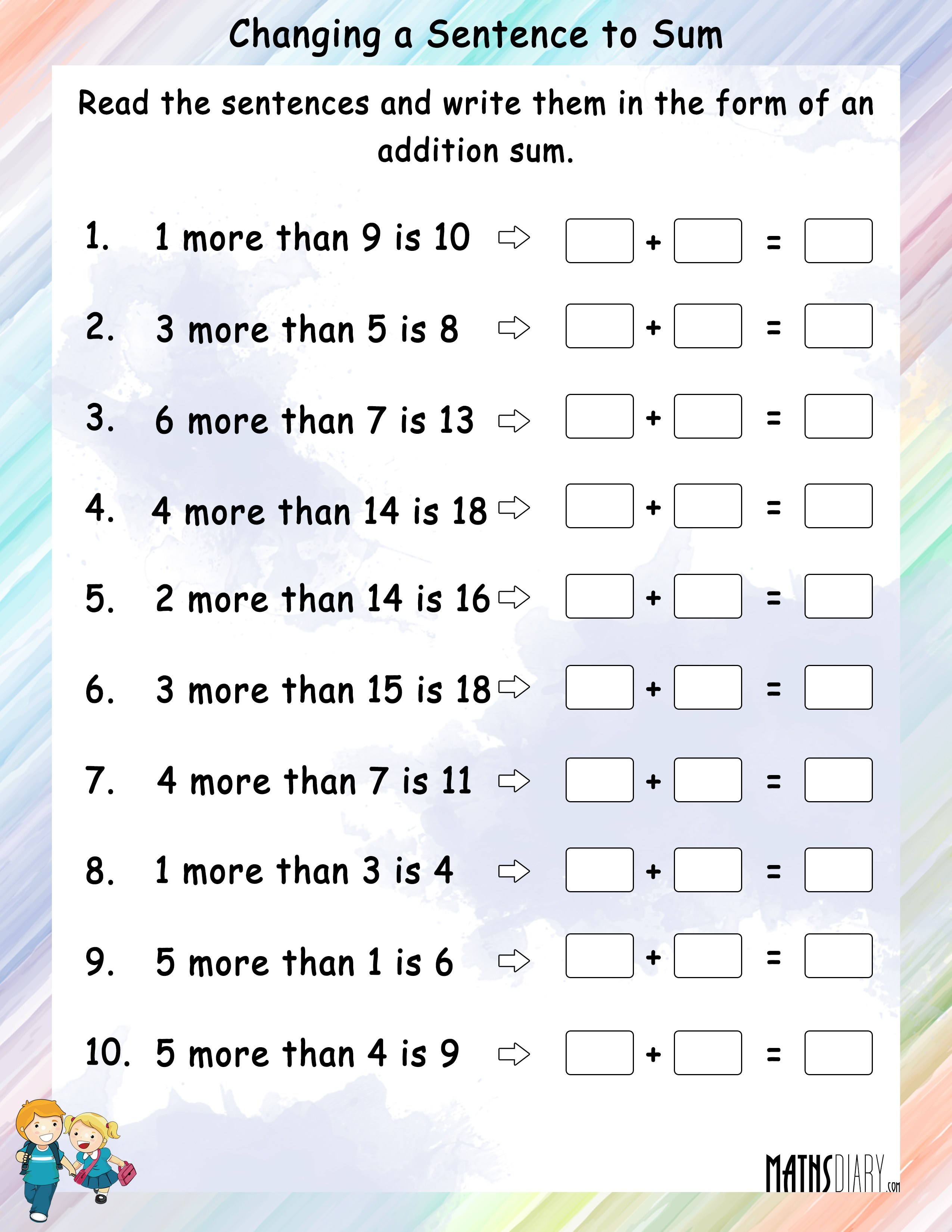 Changing a statement to addition sum Worksheets - Math Worksheets