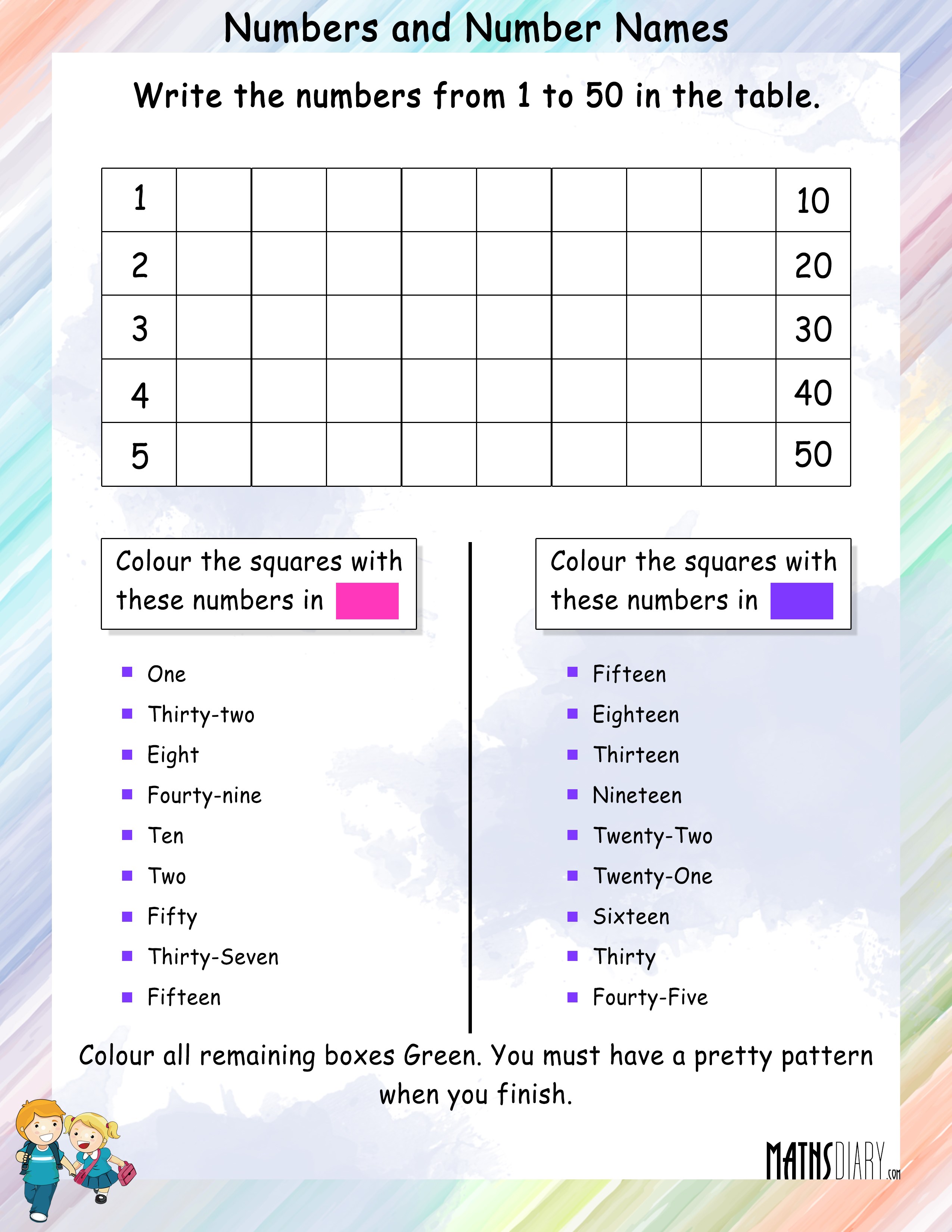 colouring puzzle of numbers and number names math worksheets mathsdiary com