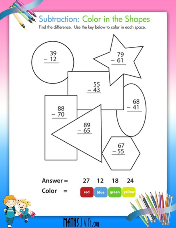 subtraction and coloring worksheets grade 2 math worksheets