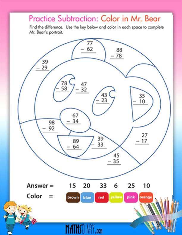 subtraction and coloring worksheets math worksheets mathsdiary com