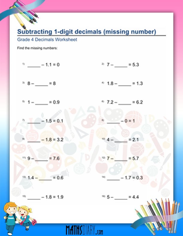 subtraction of decimals worksheet grade 4 math worksheets