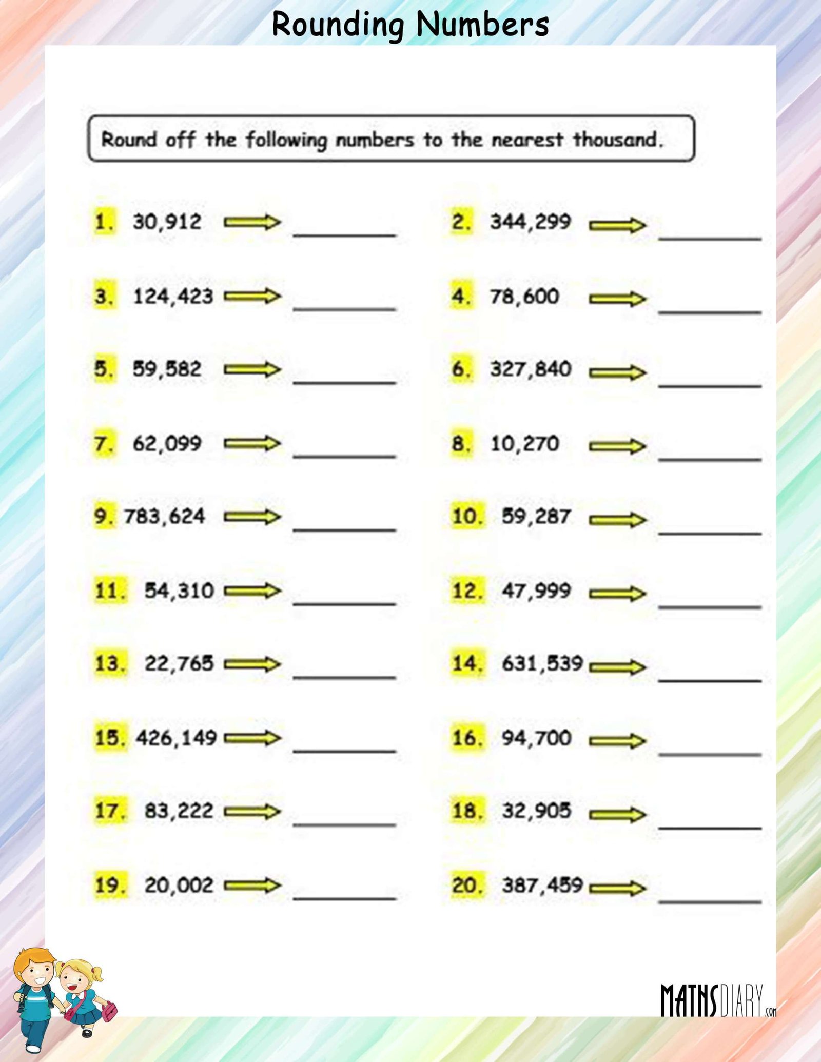 Round to the nearest 10's, 100's, 1000's place - Math Worksheets