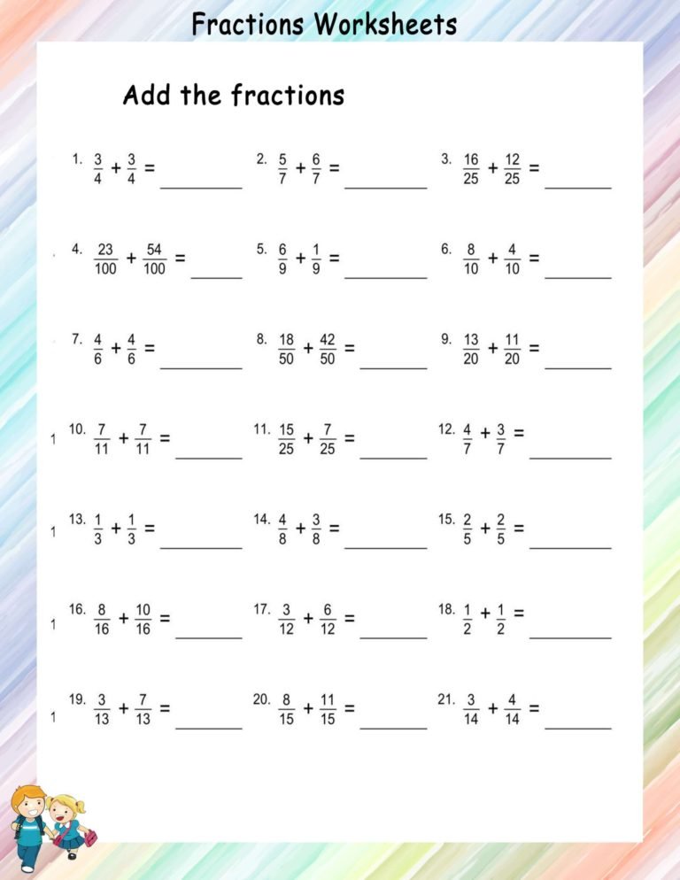 Adding Like Fractions - Math Worksheets - MathsDiary.com