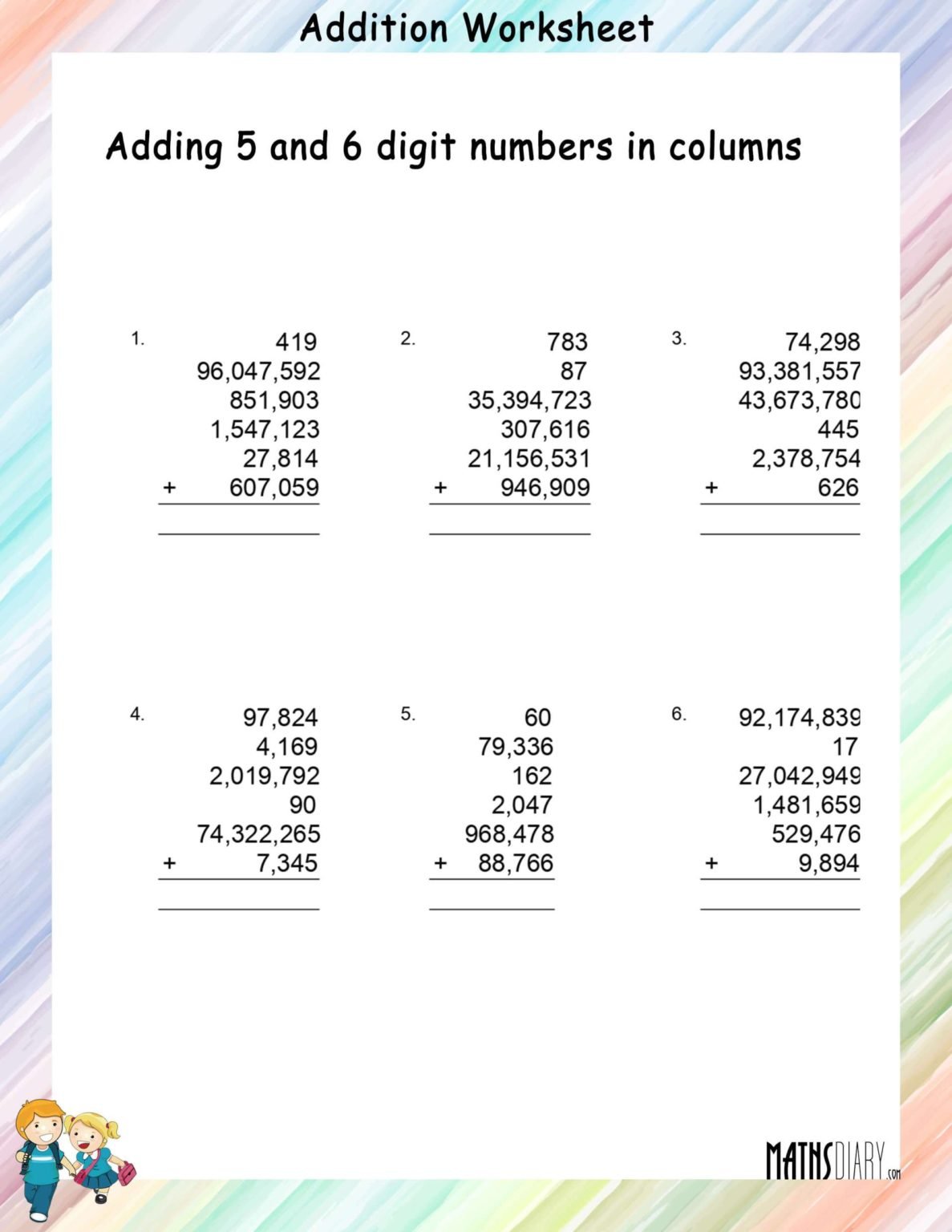 Adding 5 and 6 digit numbers in columns Worksheets - Math Worksheets ...