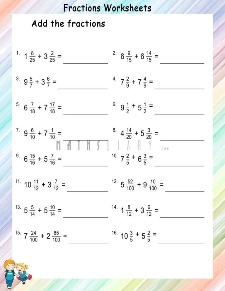 Adding Mixed like fractions - Math Worksheets - MathsDiary.com