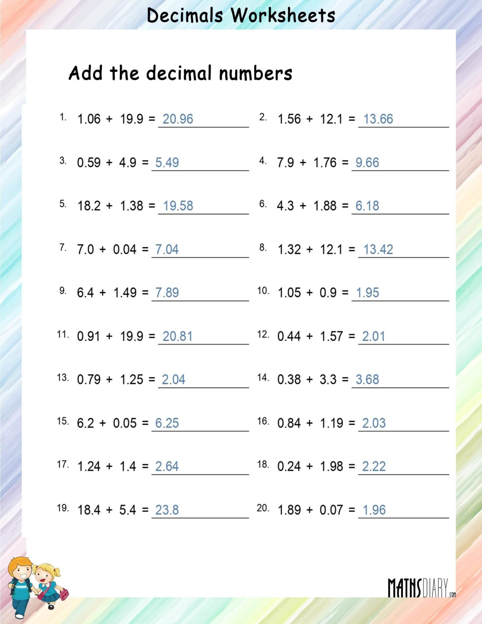 Addition Of Decimal Numbers Worksheet