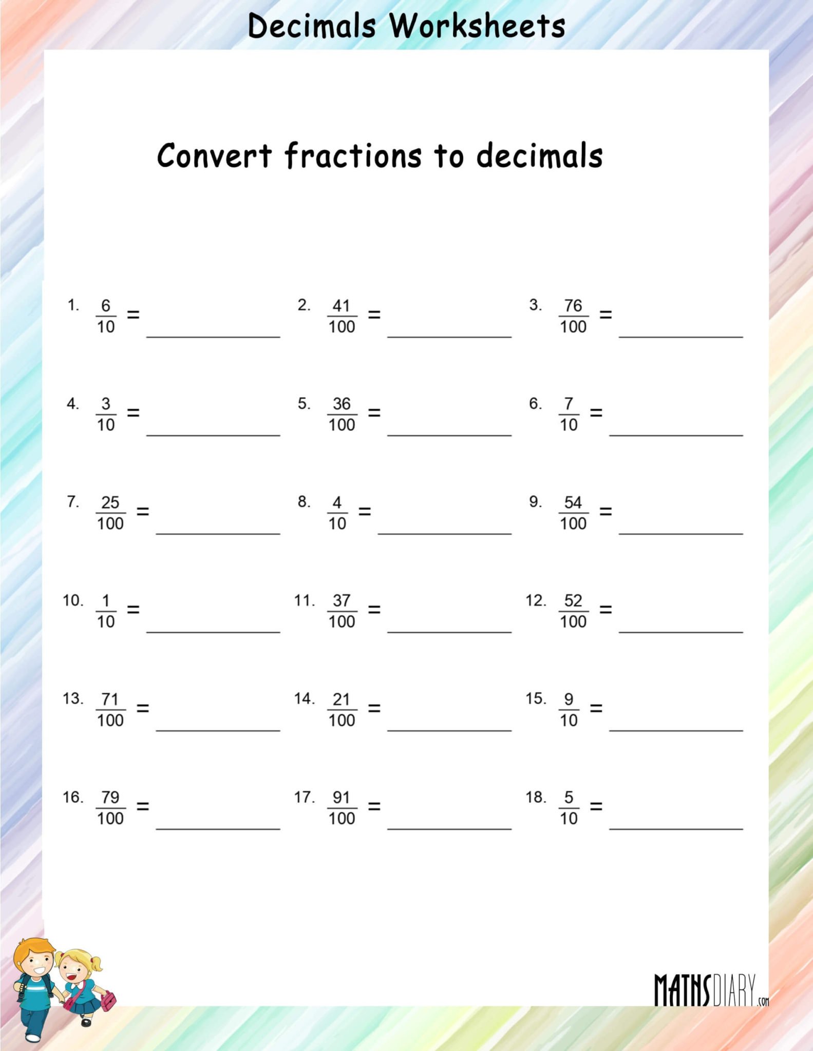 Convert fractions to decimals worksheets Math Worksheets
