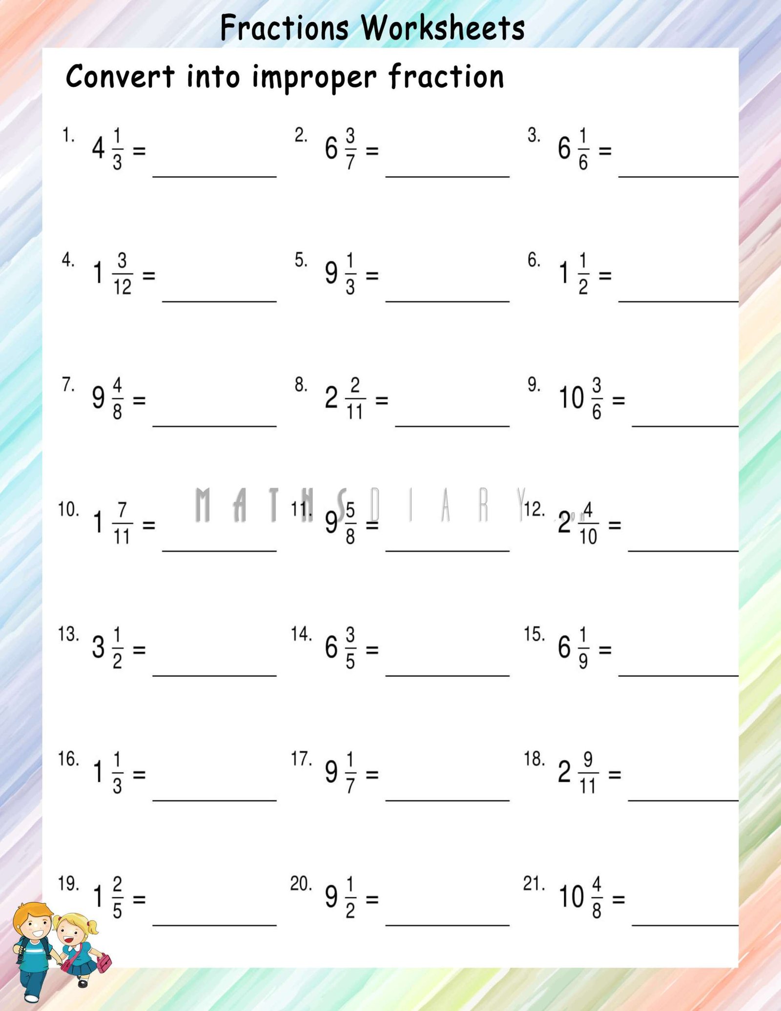 Convert Mixed Fractions To Improper Fractions Worksheets Math 