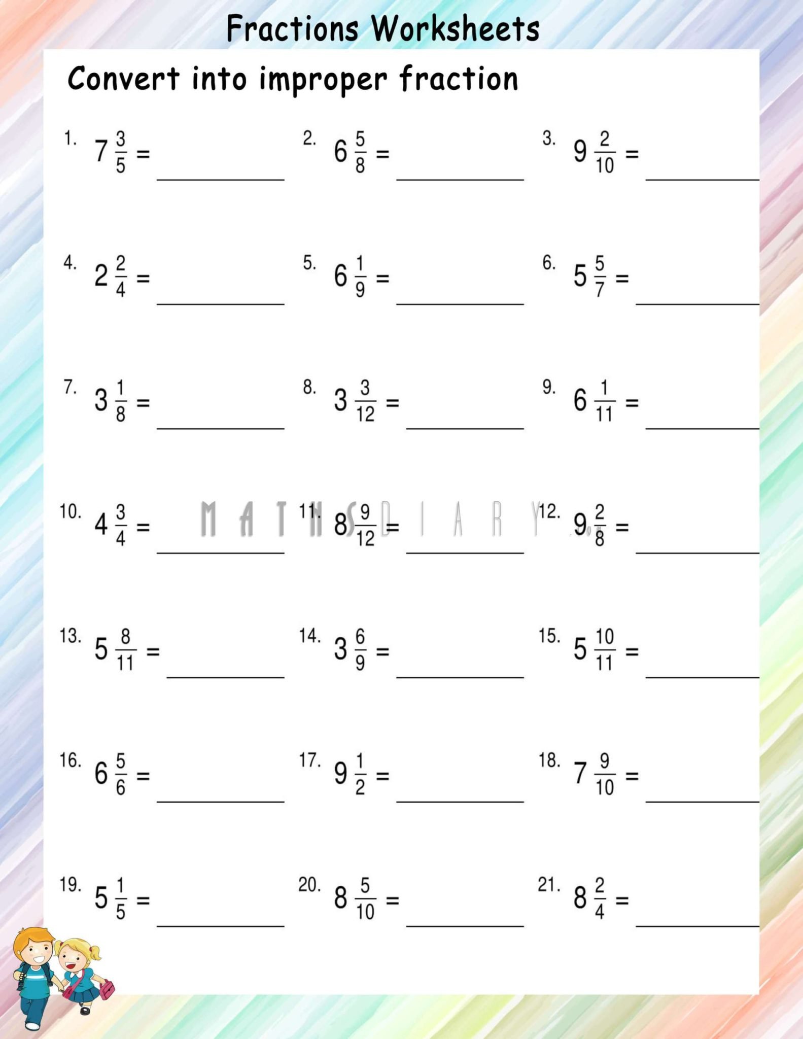 Convert Mixed Fractions To Improper Fractions Worksheets Math 