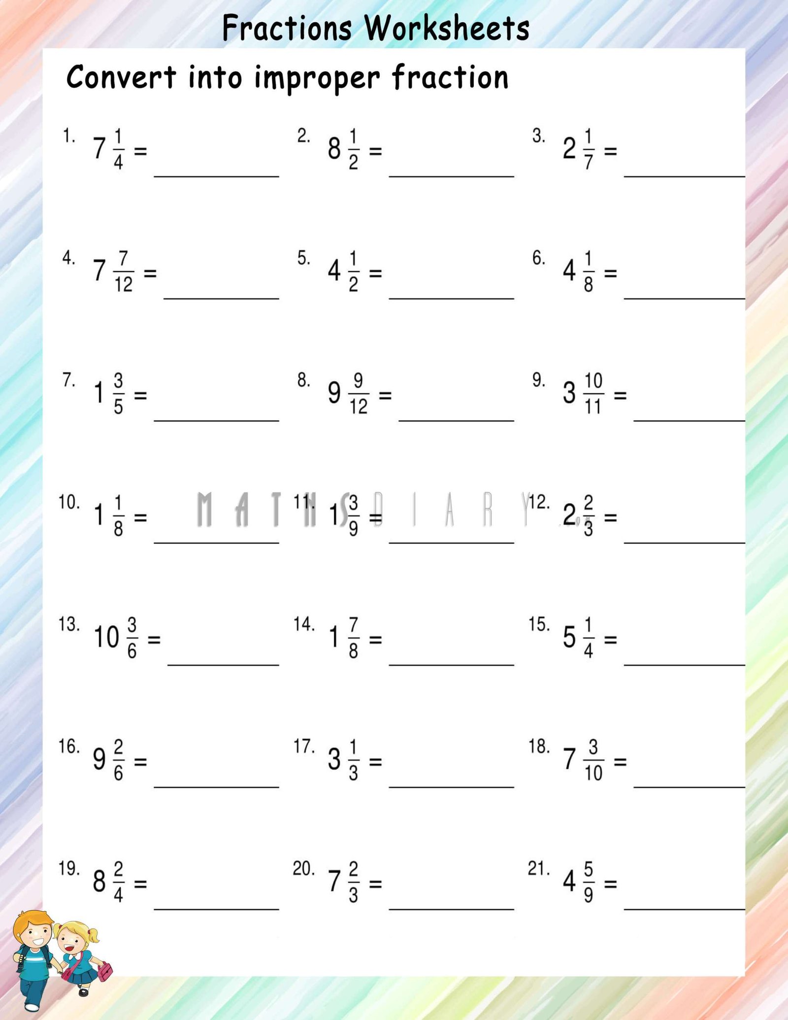 Convert Mixed Fractions To Improper Fractions Worksheets Math 