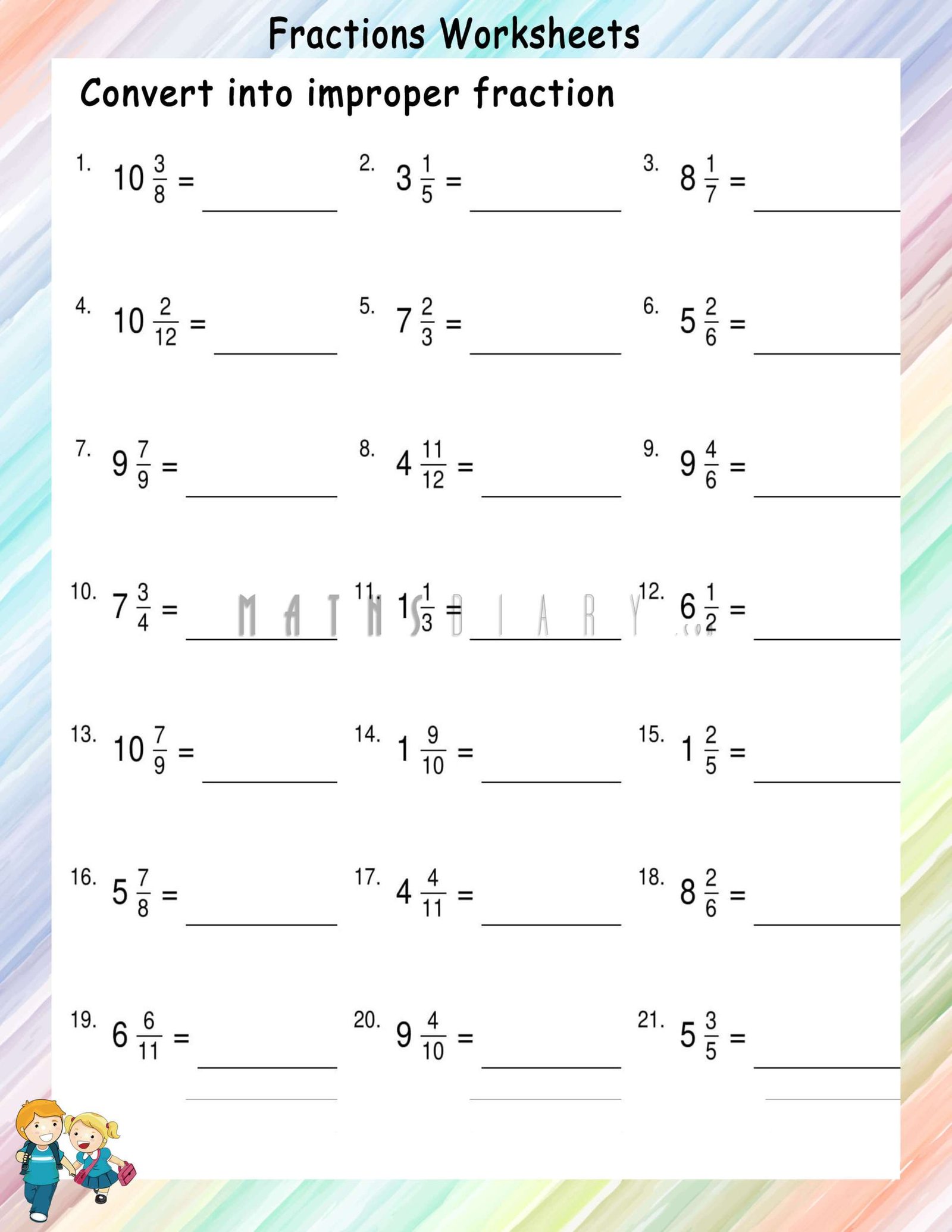 Convert Mixed Fractions To Improper Fractions Worksheets Math 
