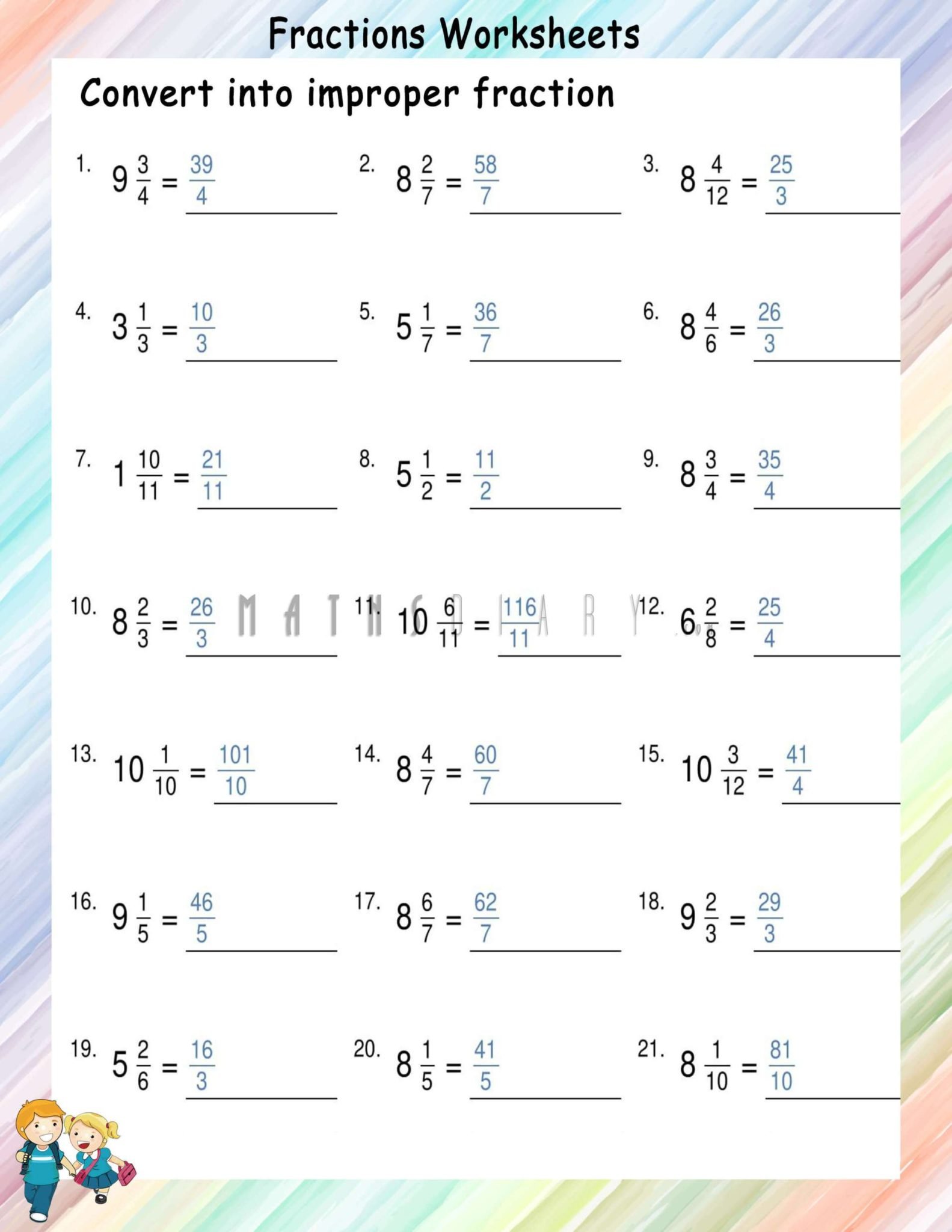 Convert Mixed fractions to Improper fractions worksheets Math