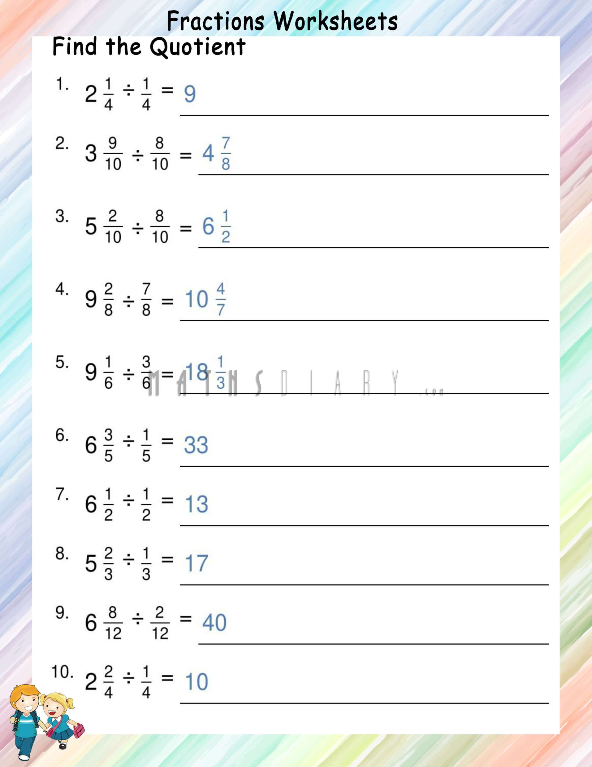 Division of mixed fractions by simple fractions- Worksheets - Math ...