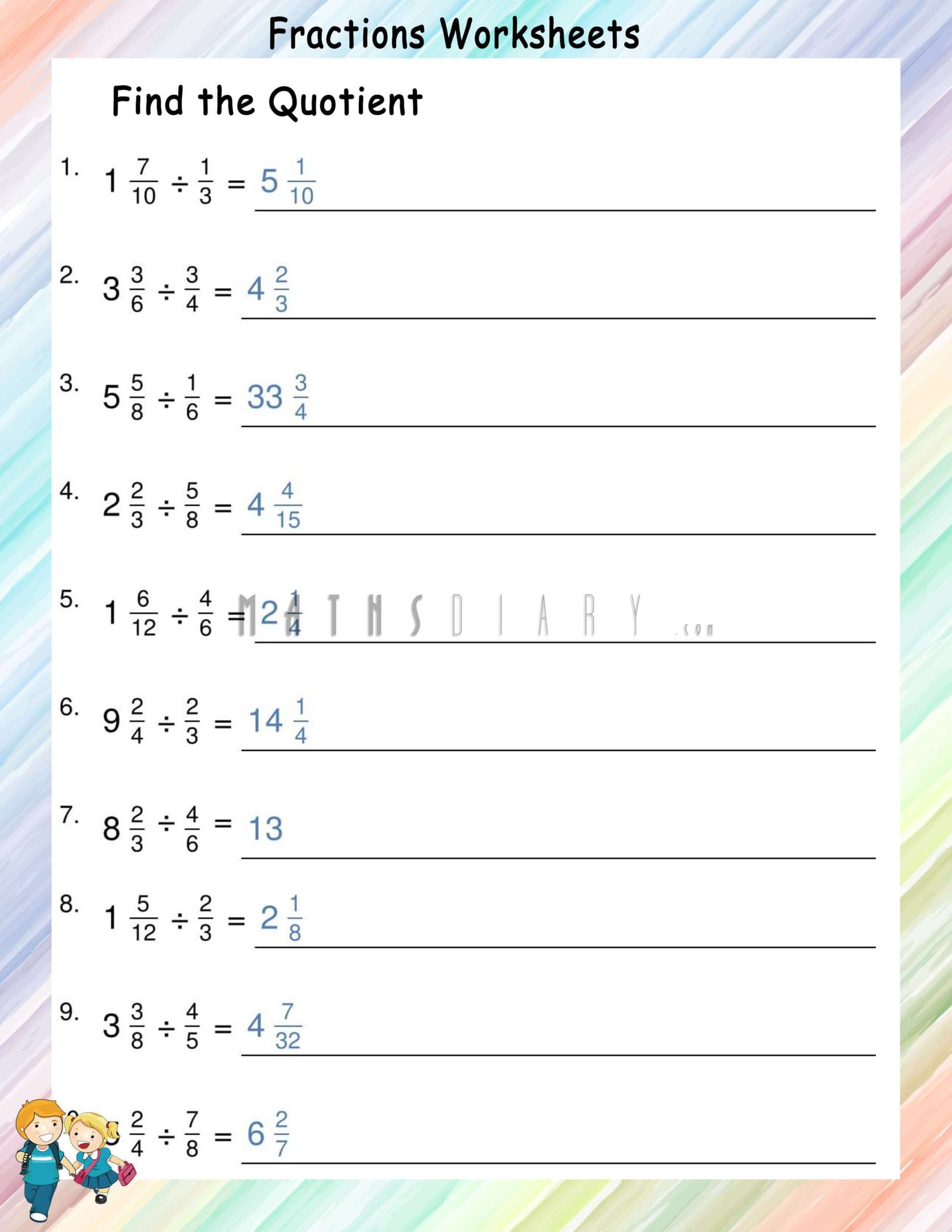 Dividing Fractions With Whole And Mixed Numbers Worksheet