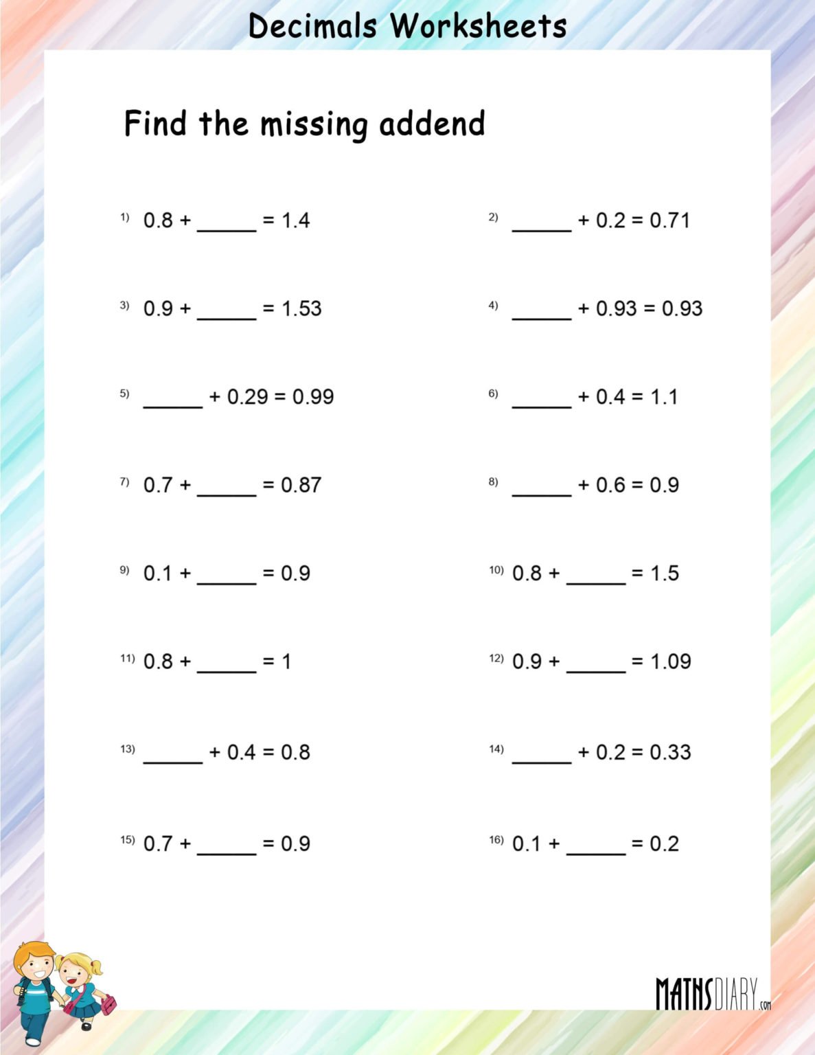 Find the missing addend in addition of Decimal numbers - Math ...