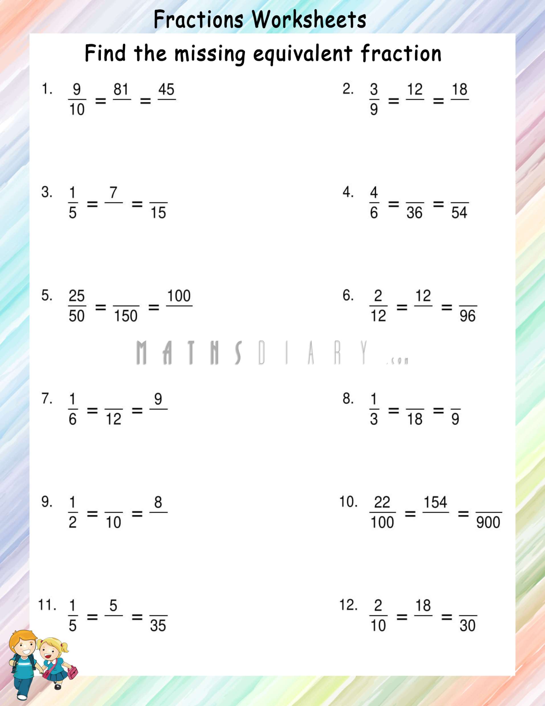 finding multiple missing equivalent fractions math worksheets mathsdiary com