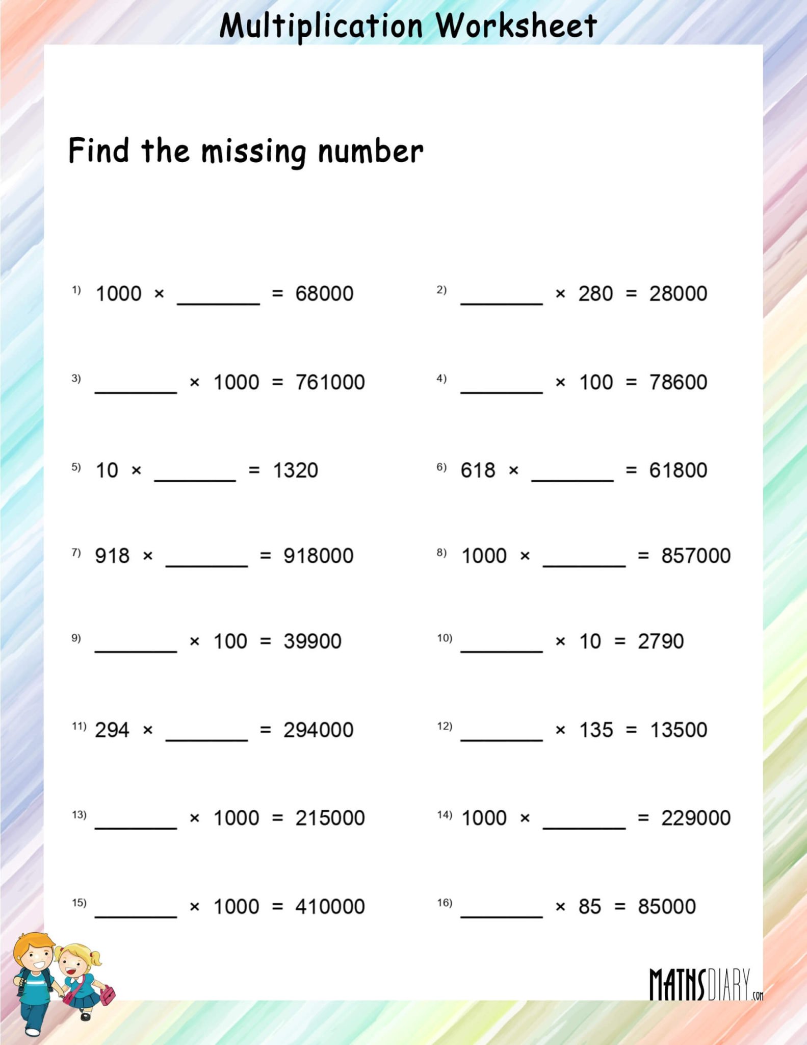 Find the missing number – multiplication worksheets - Math Worksheets ...
