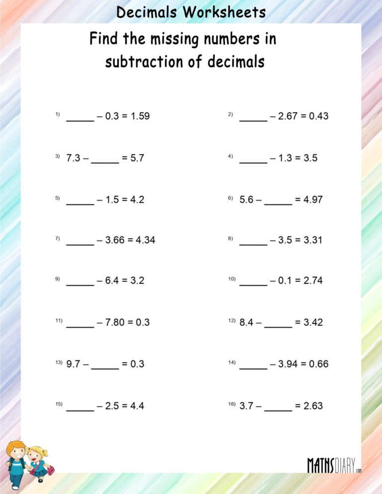 Find the missing number in subtracting decimals - Math Worksheets ...
