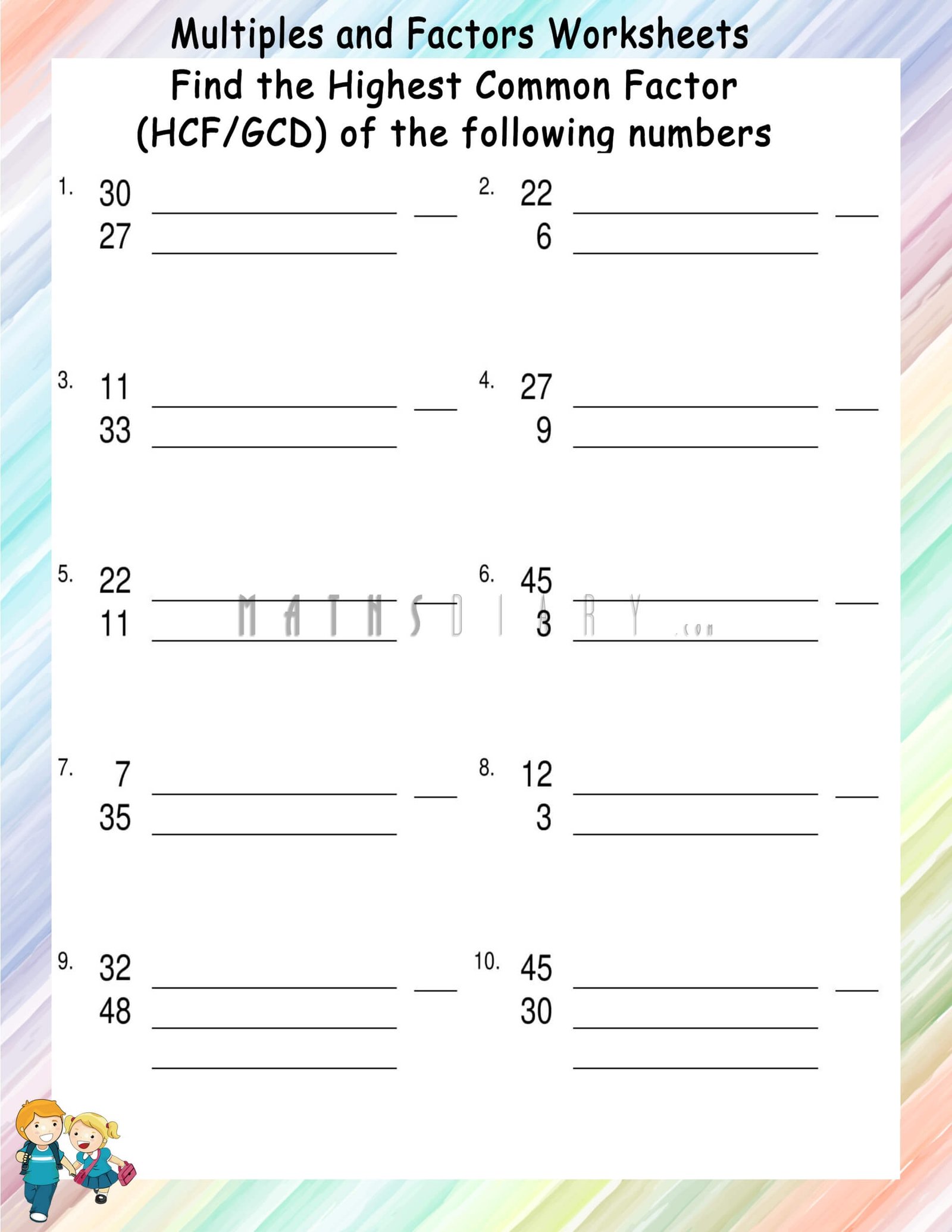 Finding Greatest Common Factors(GCF/HCF) Worksheets - Math Worksheets ...