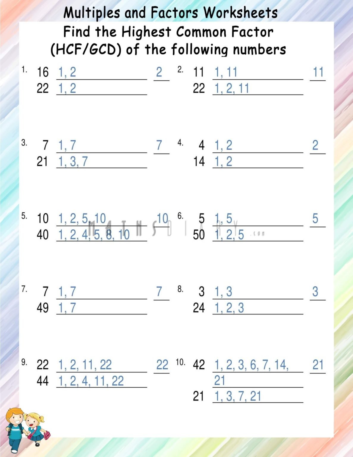 Finding Greatest Common Factors(GCF/HCF) Worksheets - Math Worksheets ...
