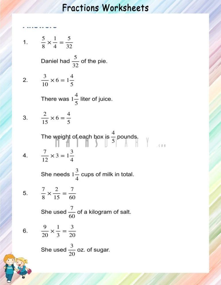 Multiplication of fractions in word problems - Math Worksheets ...