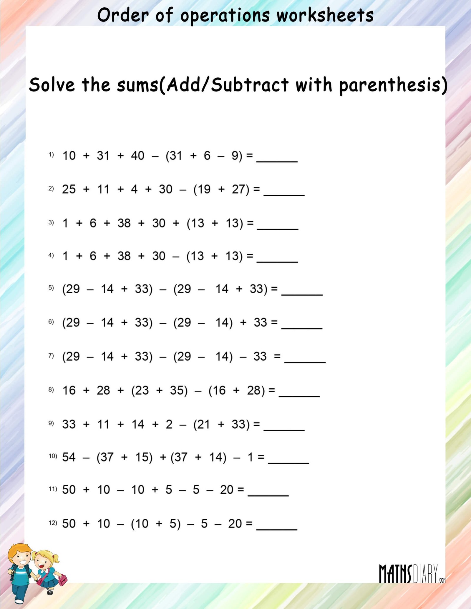 fundamental operations order of operations worksheets math worksheets mathsdiary com