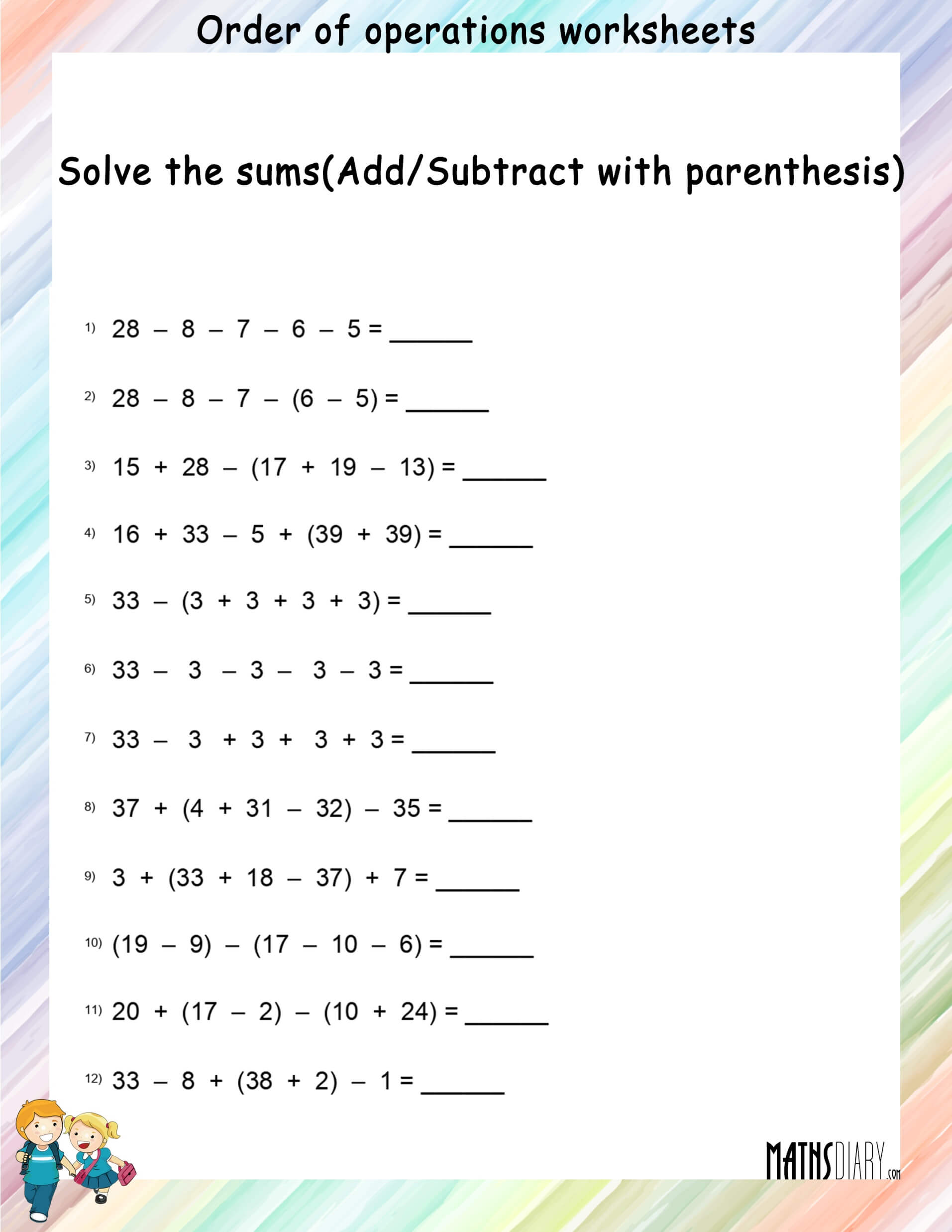 Free Printable Math Worksheets Order Of Operations