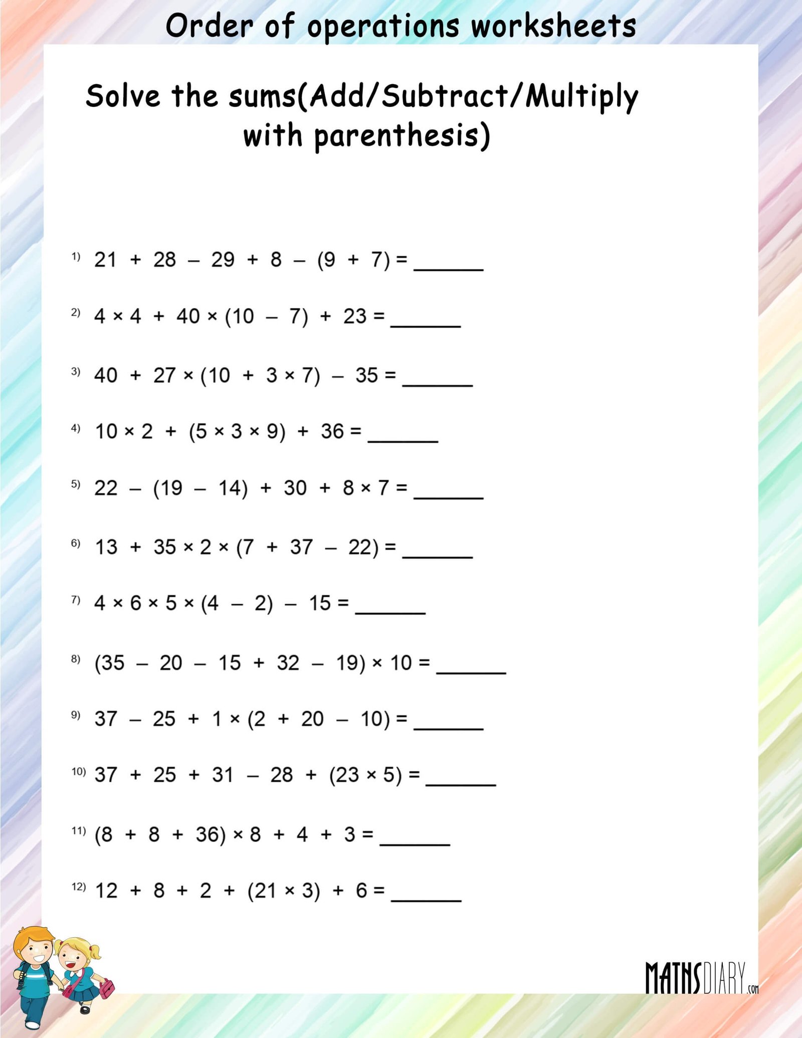 fundamental operations order of operations worksheets math worksheets mathsdiary com